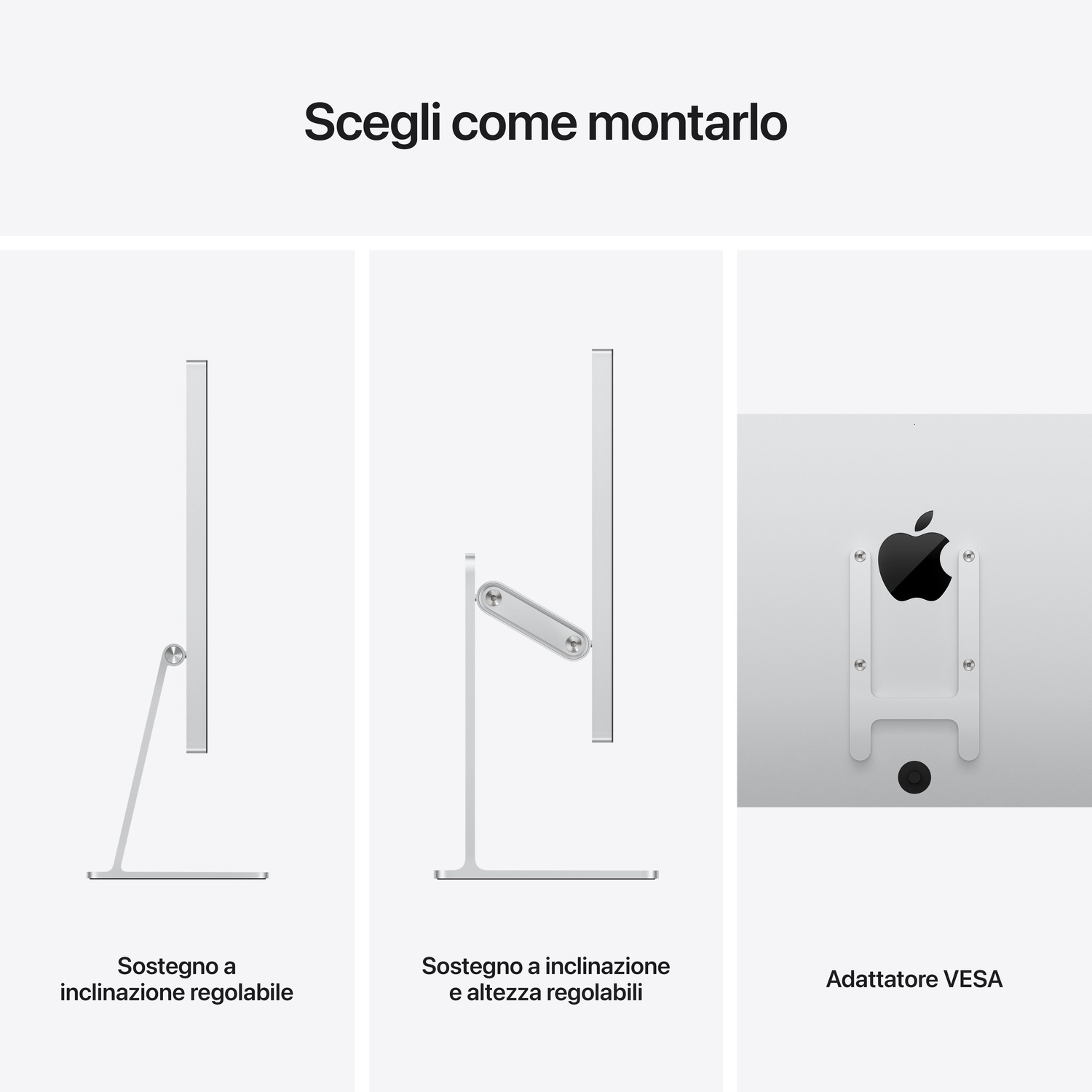 L'immagine mostra come montare un display. Le opzioni includono supporto inclinazione regolabile, altezza e inclinazione regolabili e adattatore VESA.
