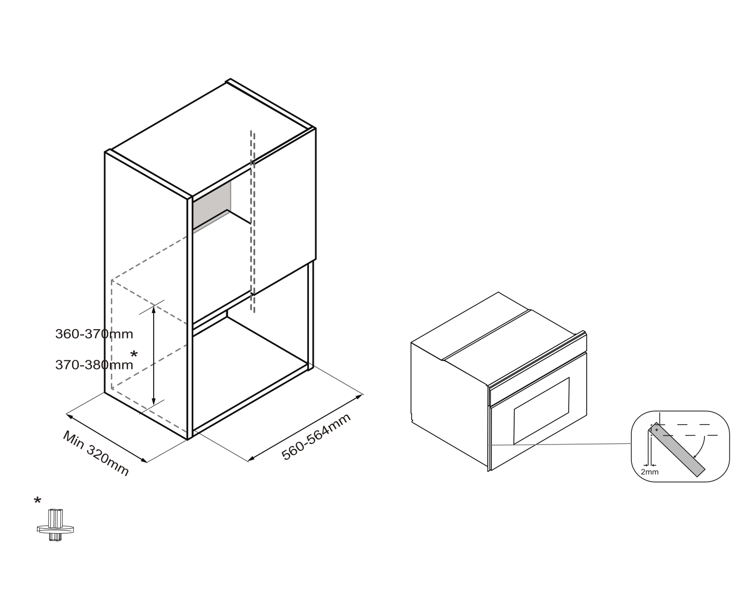Beépített sütő és szekrény diagramja, méretekkel, valamint egy zsanér részletével.