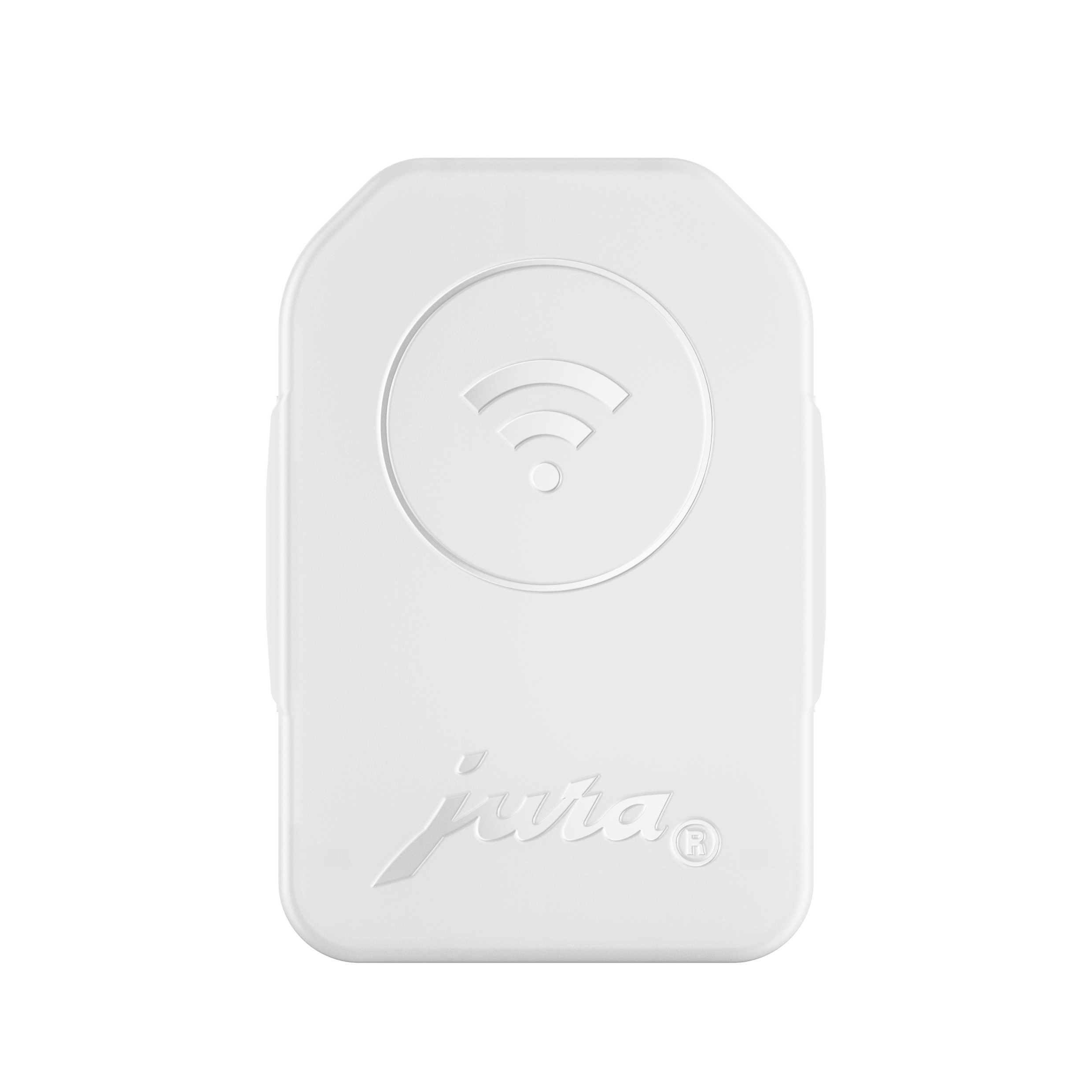 Ein weißes rechteckiges Gerät mit abgerundeten Ecken. Es hat ein Wi-Fi-Symbol und das Jura-Logo.