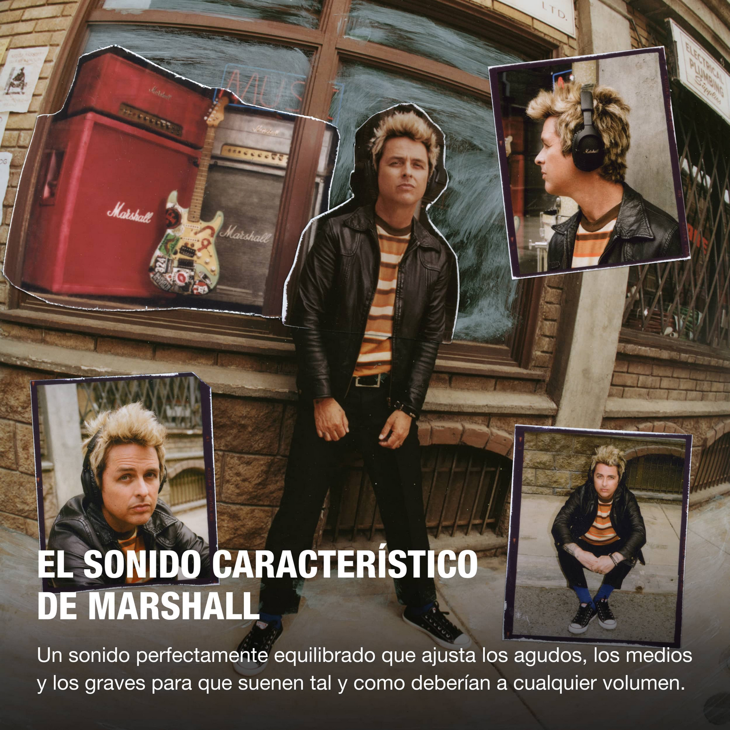 Hombre con chaqueta de cuero y auriculares. Imágenes de guitarra, amplificadores y hombre se disponen en un texto.