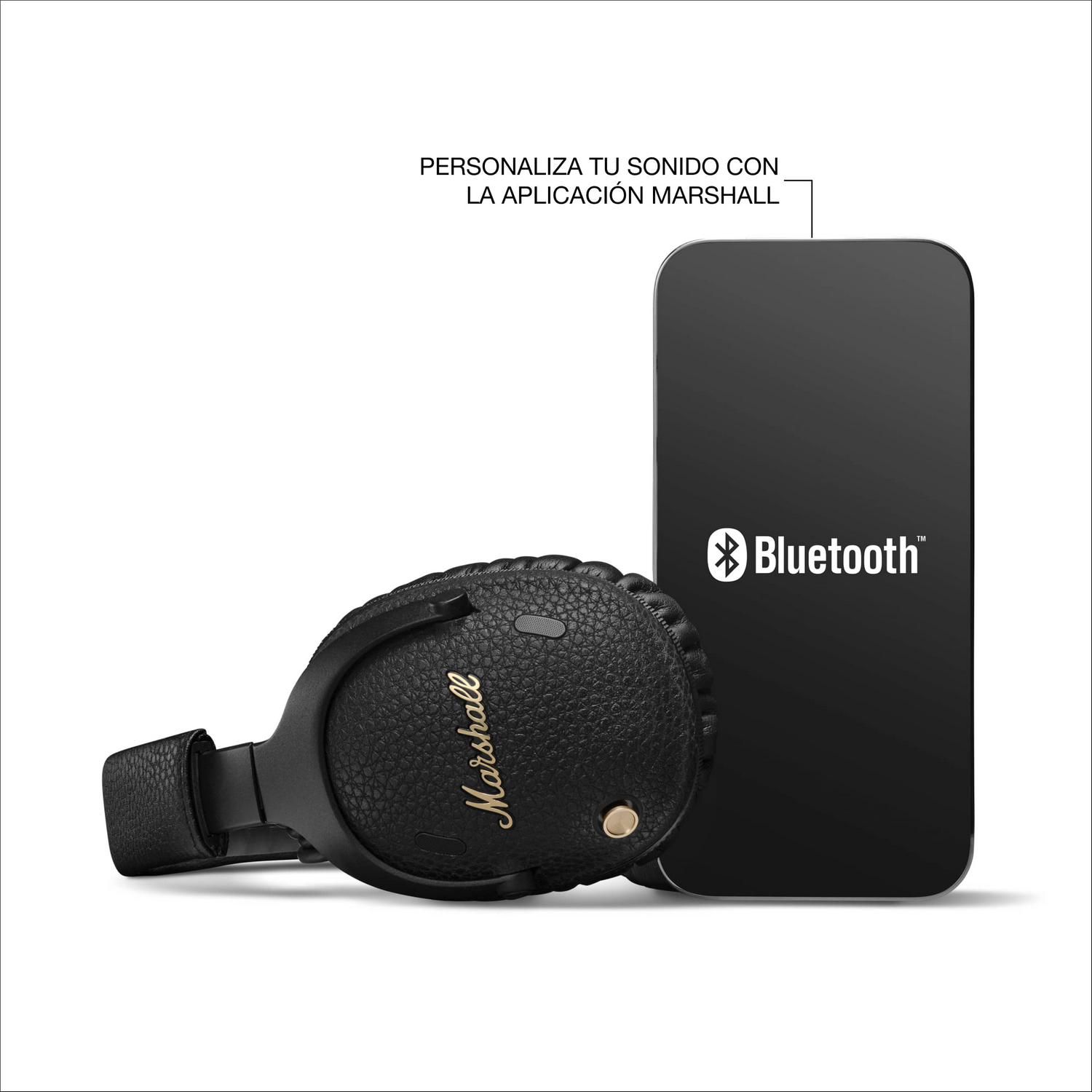 Auriculares Marshall negros junto a un teléfono negro con el logotipo de Bluetooth. El texto superior dice: Personaliza tu sonido con la aplicación Marshall.
