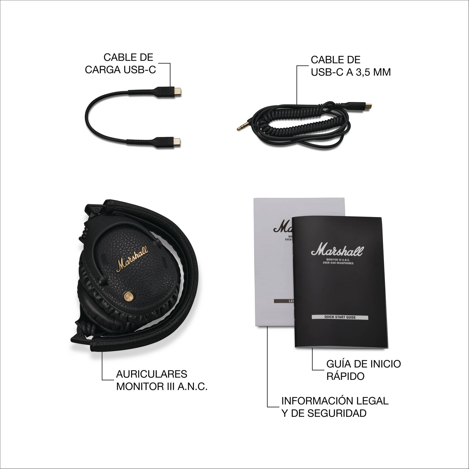 La imagen muestra un juego de auriculares Marshall, dos cables y dos guías. El juego es negro, los cables son negros y las guías son blancas y negras.