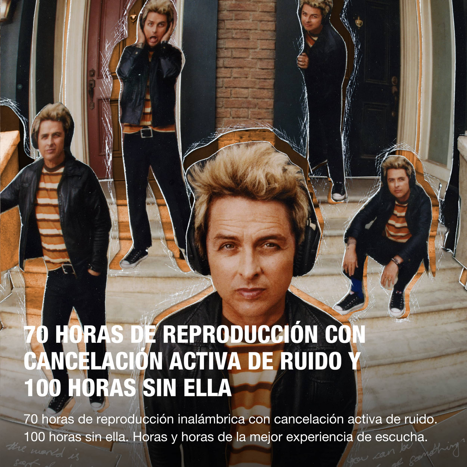 La imagen muestra a un hombre con auriculares, rodeado de recortes de sí mismo. El texto menciona 70 horas de reproducción con cancelación de ruido.