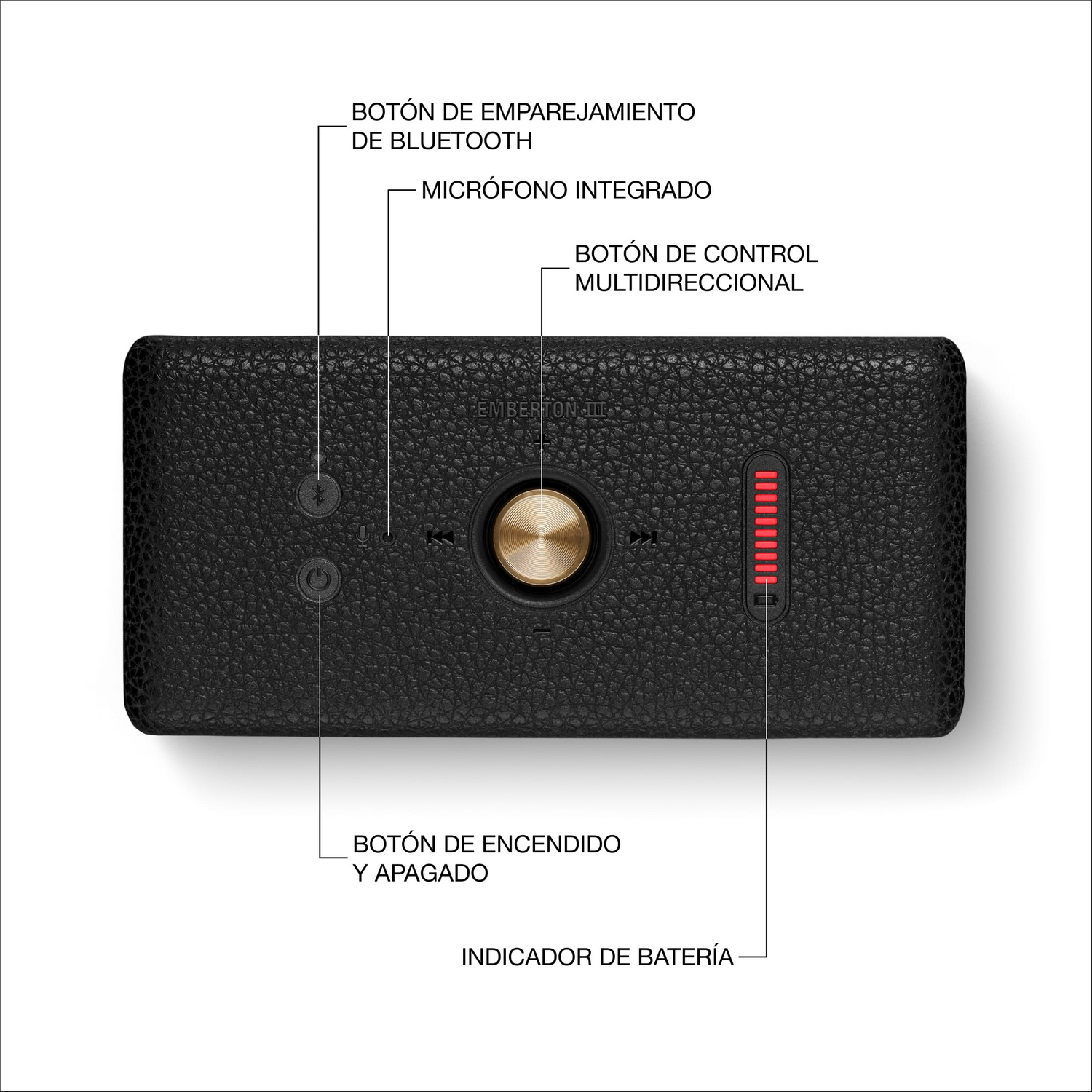 Un altavoz rectangular negro con controles dorados. Las etiquetas muestran el emparejamiento Bluetooth, el micrófono y los botones de encendido/apagado, además de un indicador de batería.