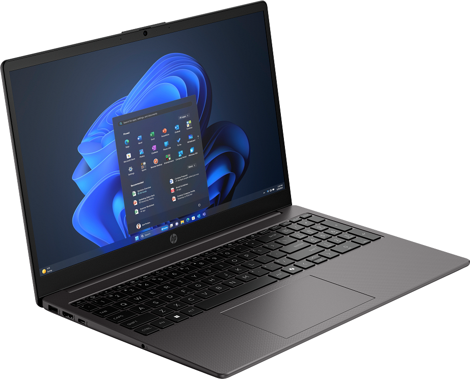 Egy fekete HP laptop nyitva van, a Windows 11 Start menüjét mutatja alkalmazásikonokkal. A háttér sötét, kék örvényekkel.