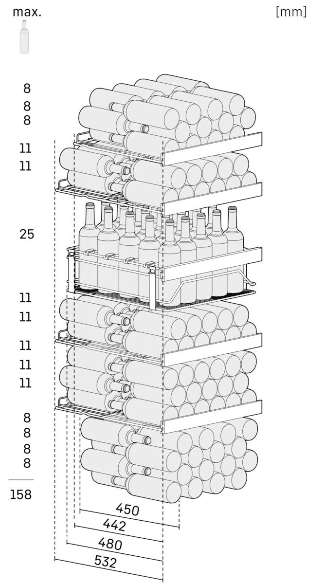 Diagramm eines Weinregals mit gestapelten Flaschen, Abmessungen und Maßen in Millimetern. Flaschen sind in Reihen und Spalten gestapelt.
