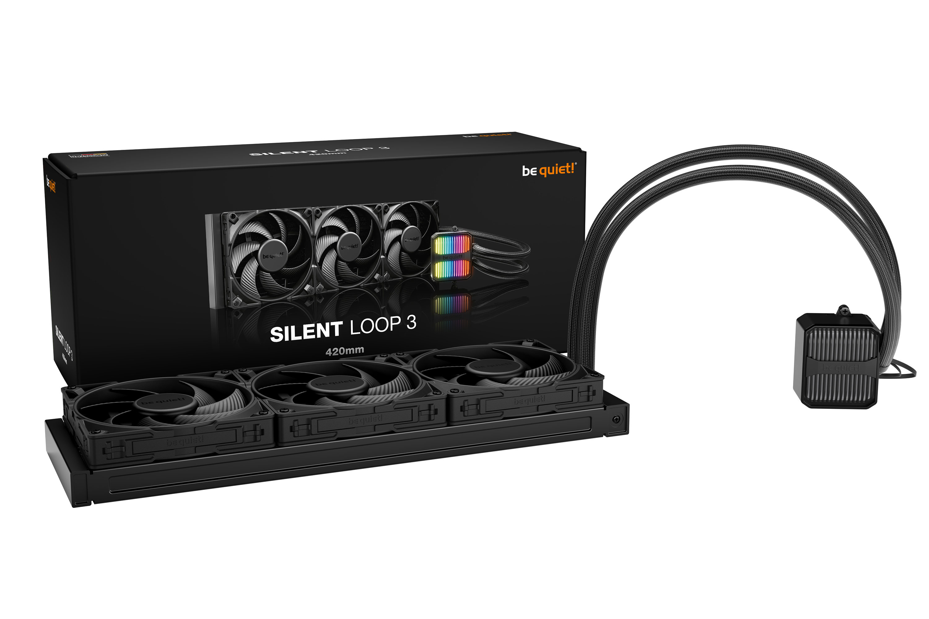 Ein All-in-One-Flüssigkeitskühler. Eine schwarze Box mit der Aufschrift 'SILENT LOOP 3' mit Lüftern, Schläuchen und einem Kühlblock.