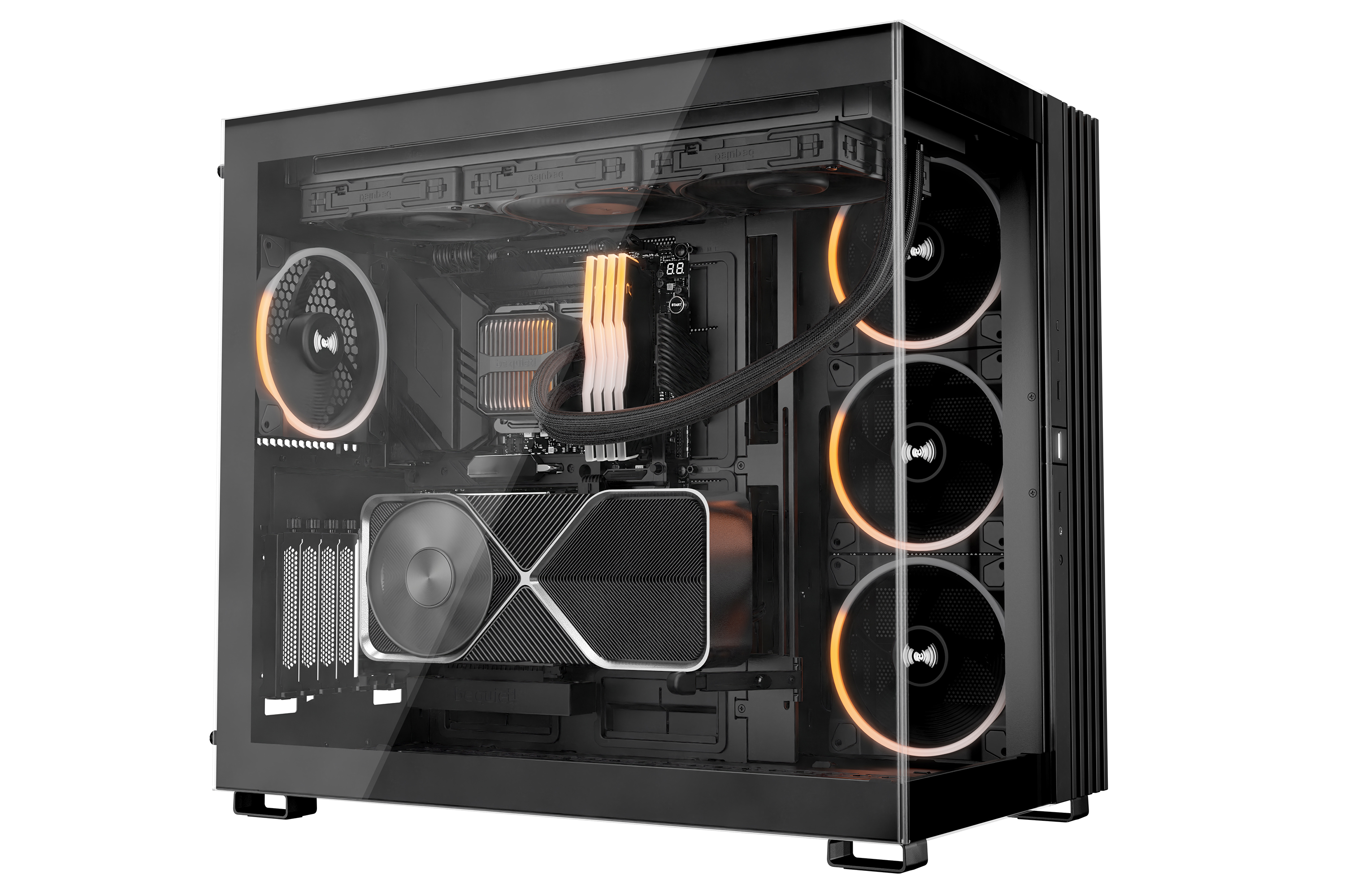 Ein Computergehäuse mit Lüftern, einer Grafikkarte und einem CPU-Kühler. Das Gehäuse ist schwarz mit einer Glasscheibe.