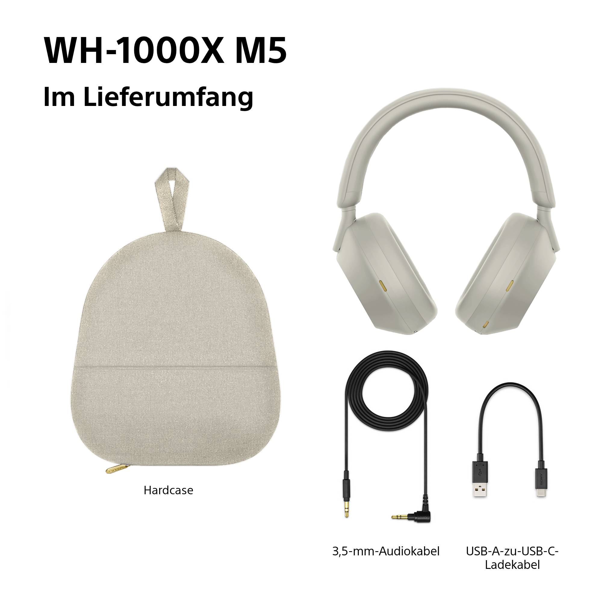 Das Bild zeigt ein Headset, ein Hartschalenetui und Kabel. Das Headset ist hellgrau. Die Kabel sind schwarz. Das Hartschalenetui ist beige.