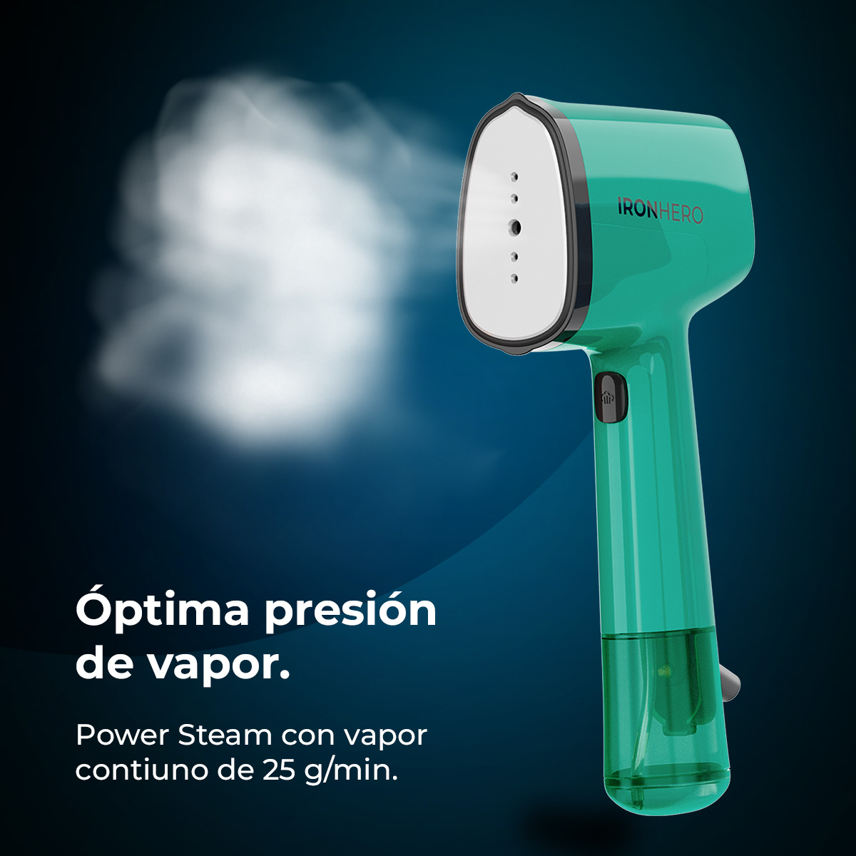 Un vaporizador de mano verde y blanco emitiendo vapor. El texto dice 'Optima presión de vapor' y 'Power Steam con vapor continuo de 25 g/min.'