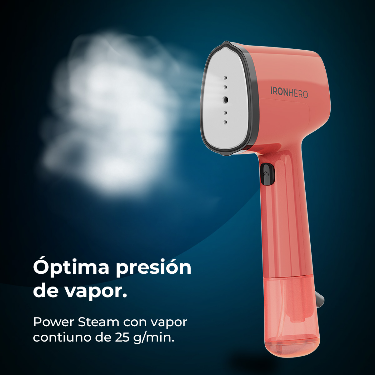 Un vaporizador rojo Ironhero emitiendo vapor. El texto dice 'Optima presion de vapor' y 'Power Steam con vapor continuo de 25 g/min'.