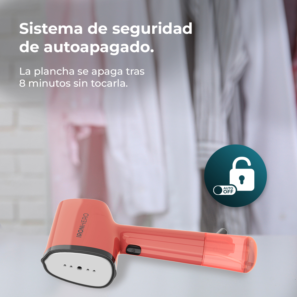 Un vaporizador naranja Ironhero con función de apagado automático. El fondo tiene ropa blanca. El texto dice que se apaga después de 8 minutos.