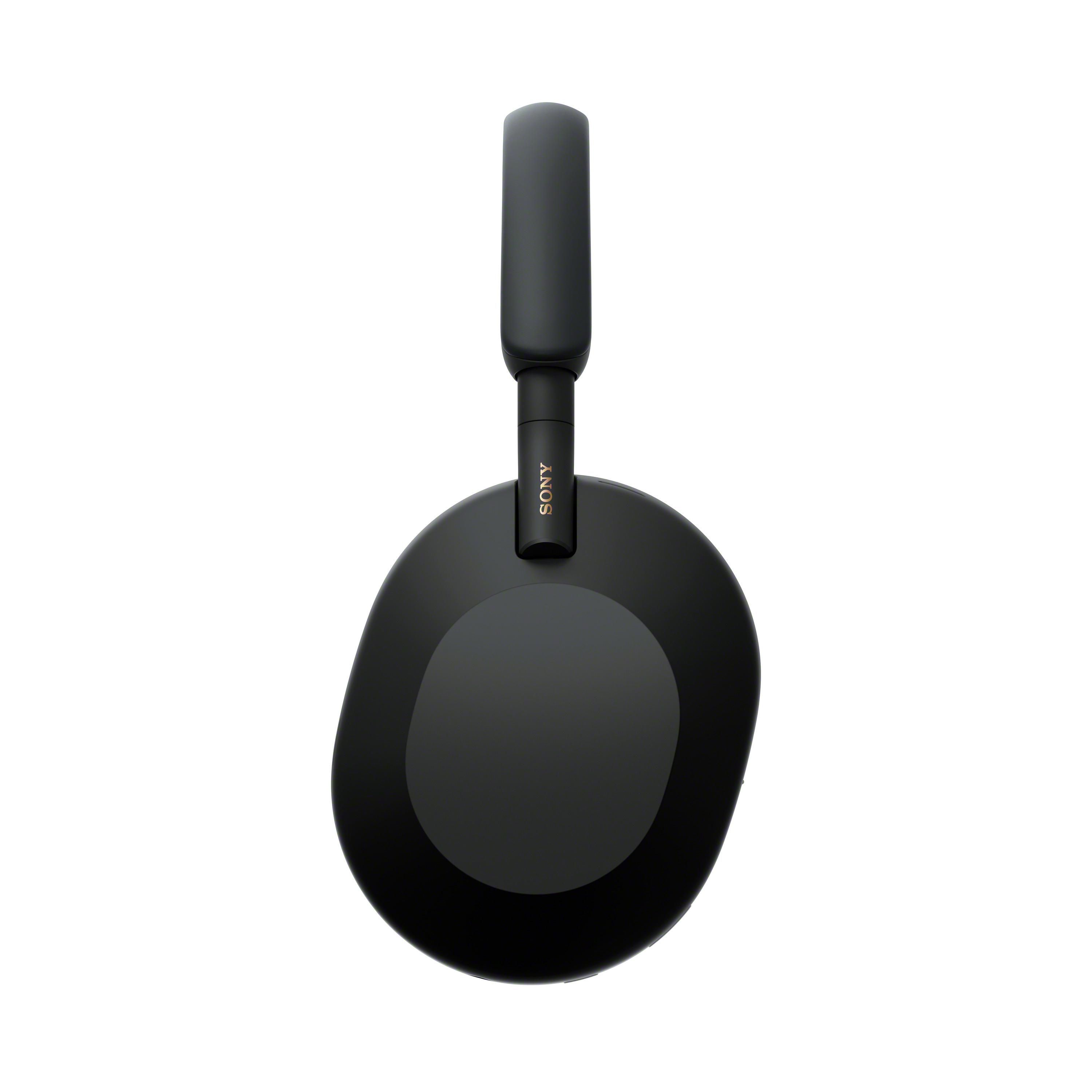 Schwarze Sony-Kopfhörer, Draufsicht, vor weißem Hintergrund. Das Stirnband erstreckt sich von oben, Ohrmuscheln sind rund.