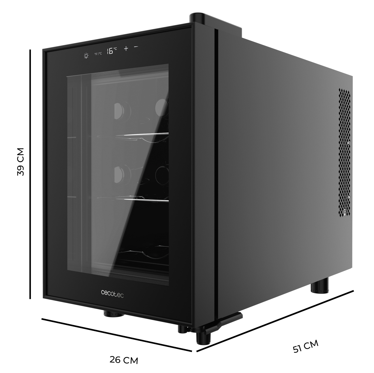 Enfriador de vino negro con puerta de vidrio que muestra los estantes interiores. Dimensiones etiquetadas. Pantalla digital muestra 16 grados Celsius.