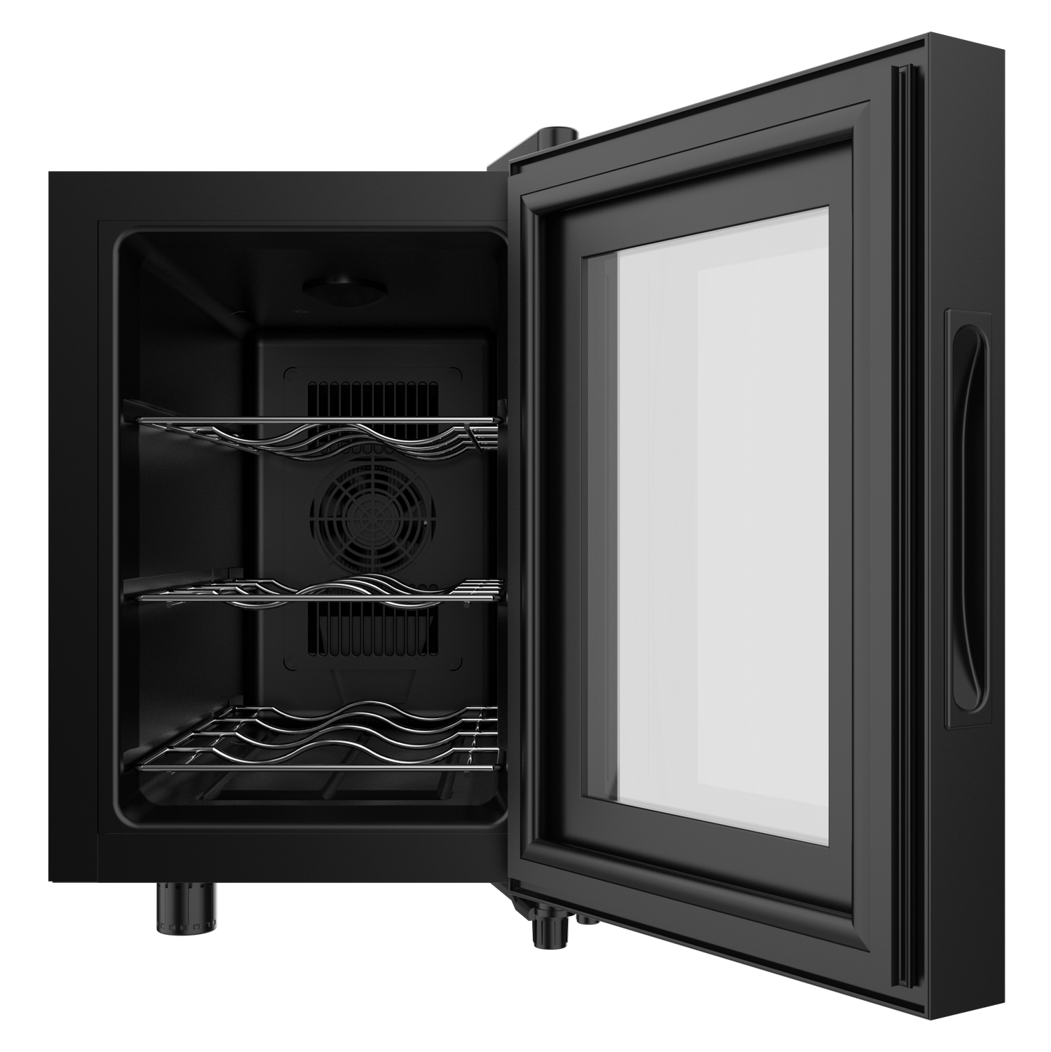 Vinoteca negra con puerta abierta. El interior muestra estantes y ventilador. La puerta tiene un panel de vidrio.