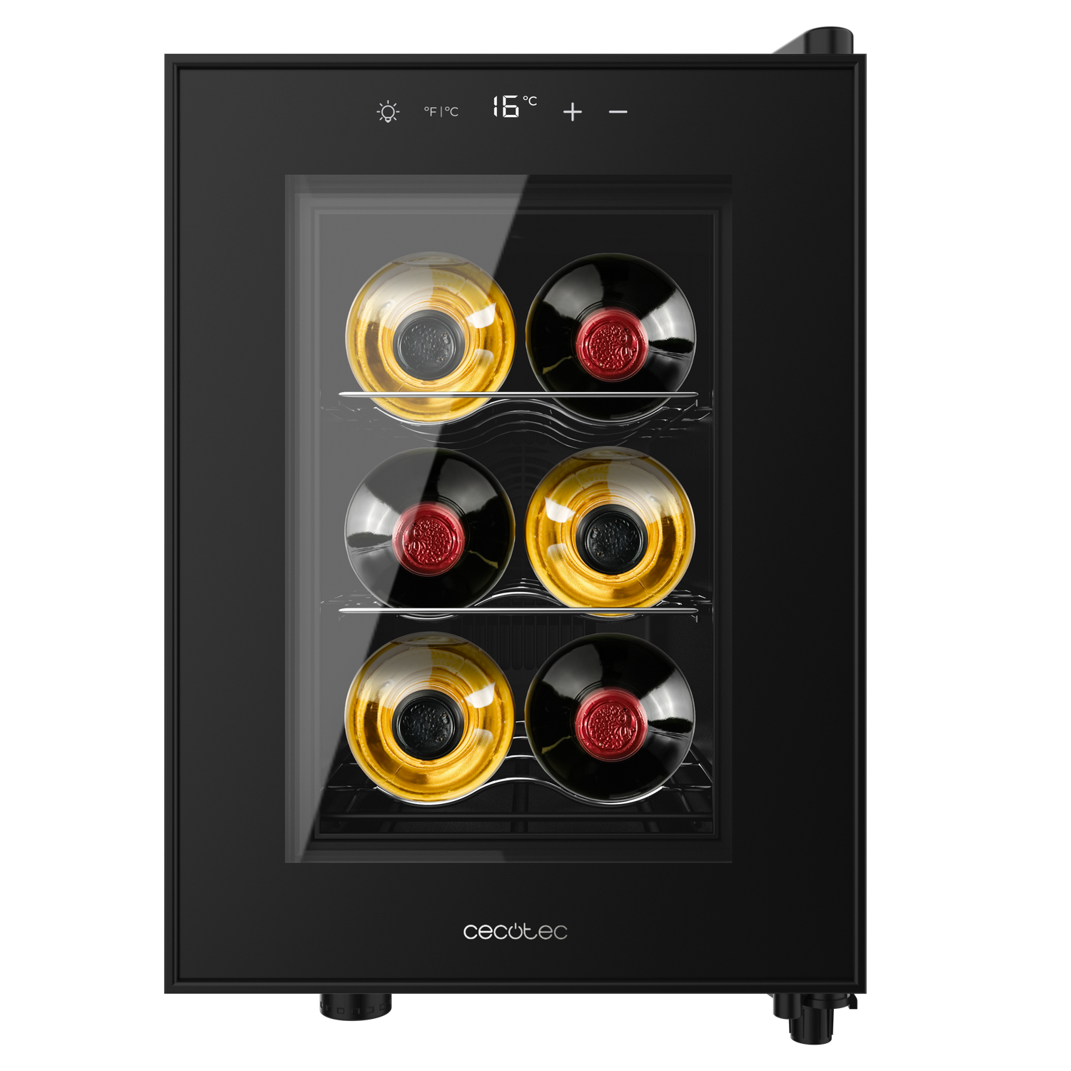 Una vinoteca negra con puerta de cristal muestra seis botellas de vino. El enfriador tiene controles de temperatura y una pantalla digital de 16°C.
