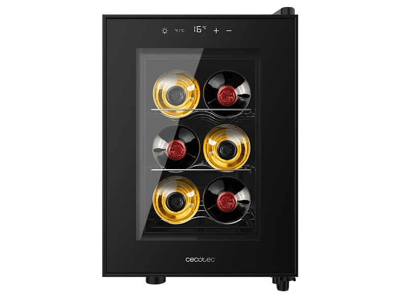 Cecotec Vinoteca Bolero GrandSommelier 600 CoolCrystal E, Capacidad 6 Botellas, Estantes Metálicos, Control Táctil, Temperatura 8 a 18ºC, Temperatura 8 a 18ºC, Negra