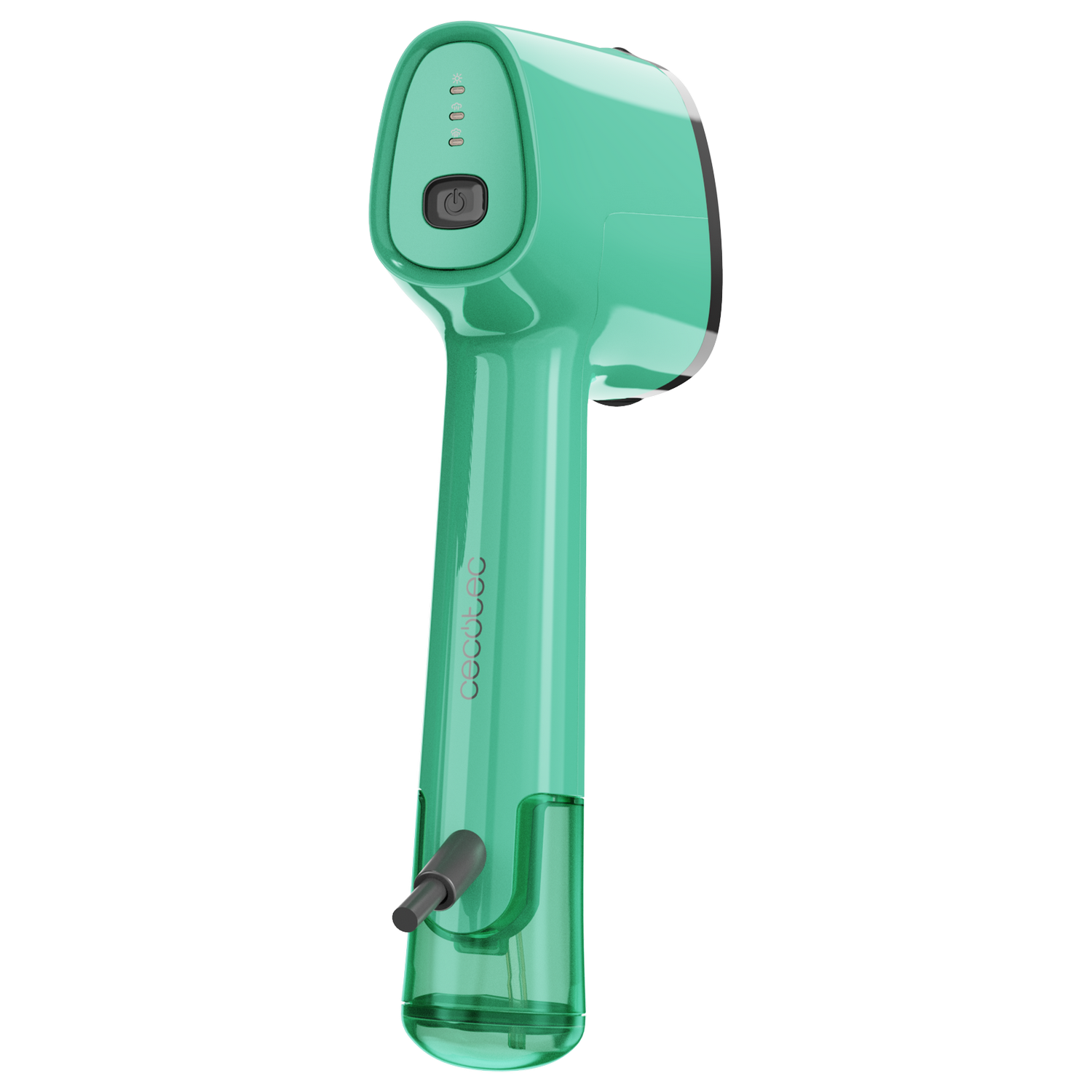 Un vaporizador de mano de color verde azulado. Tiene un botón de encendido, luces de estado y un depósito de agua. El fondo es gris.