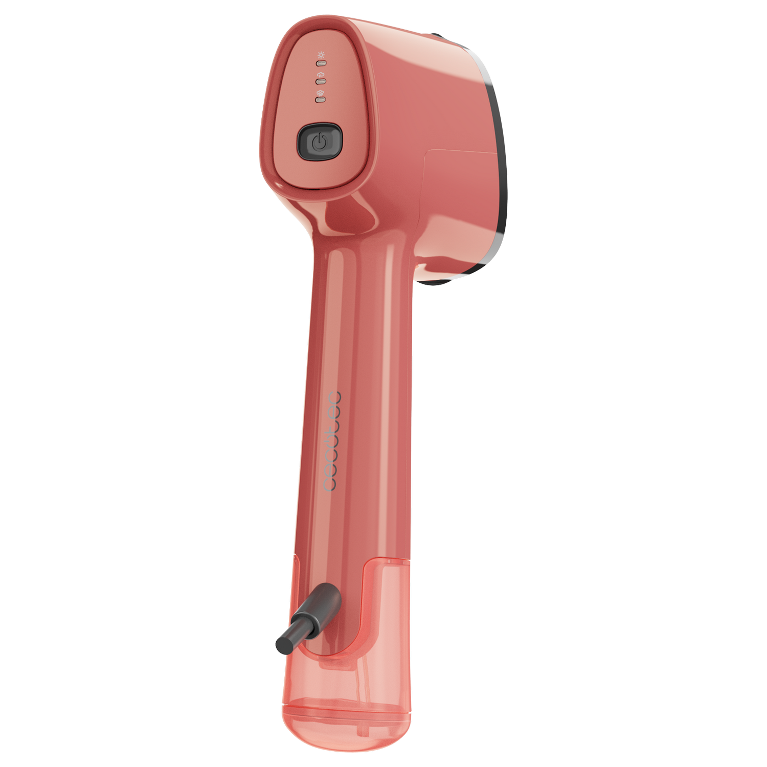 Un vaporizador de mano color coral con botón de encendido/apagado y luces indicadoras. Tiene un mango y un depósito de agua.
