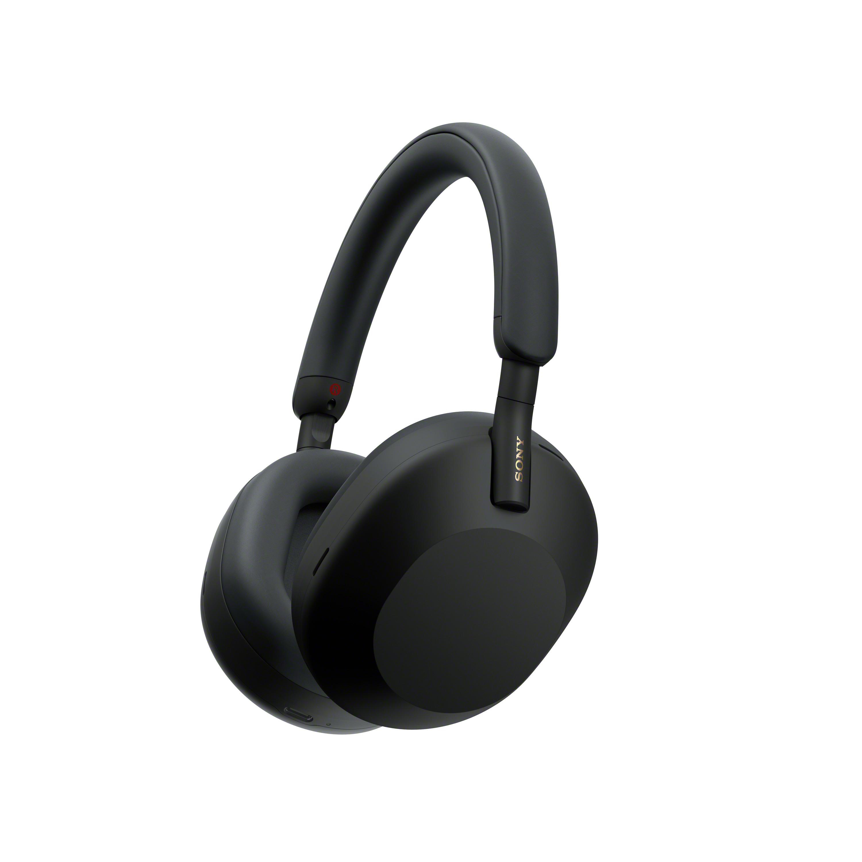 Schwarze Sony-Kopfhörer auf weißem Hintergrund. Die Kopfhörer haben einen Bügel und Ohrmuscheln, Sony-Logo sichtbar.