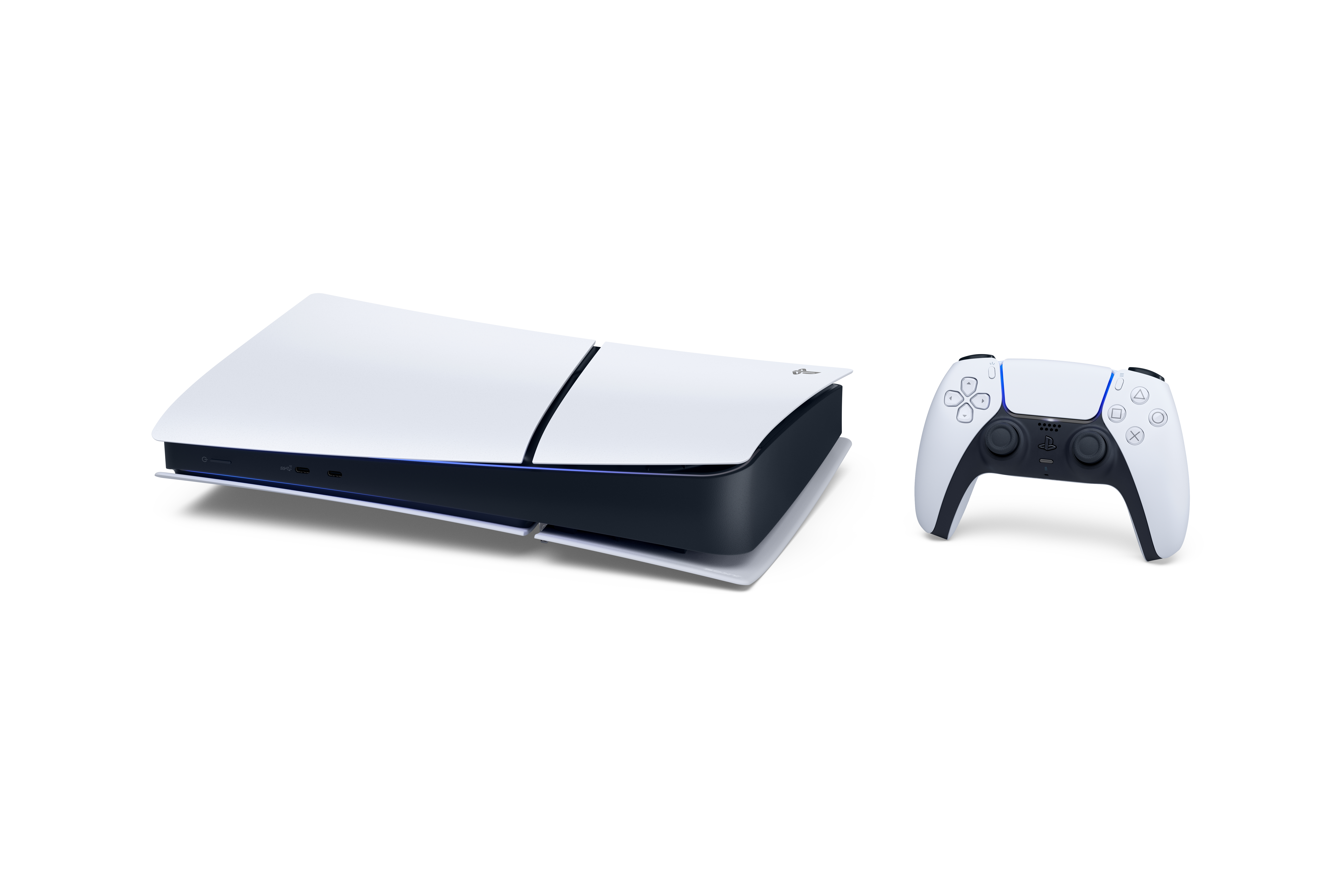 Eine weiße PS5-Konsole und ein weißer DualSense-Controller auf weißem Hintergrund. Die Konsole ist horizontal.