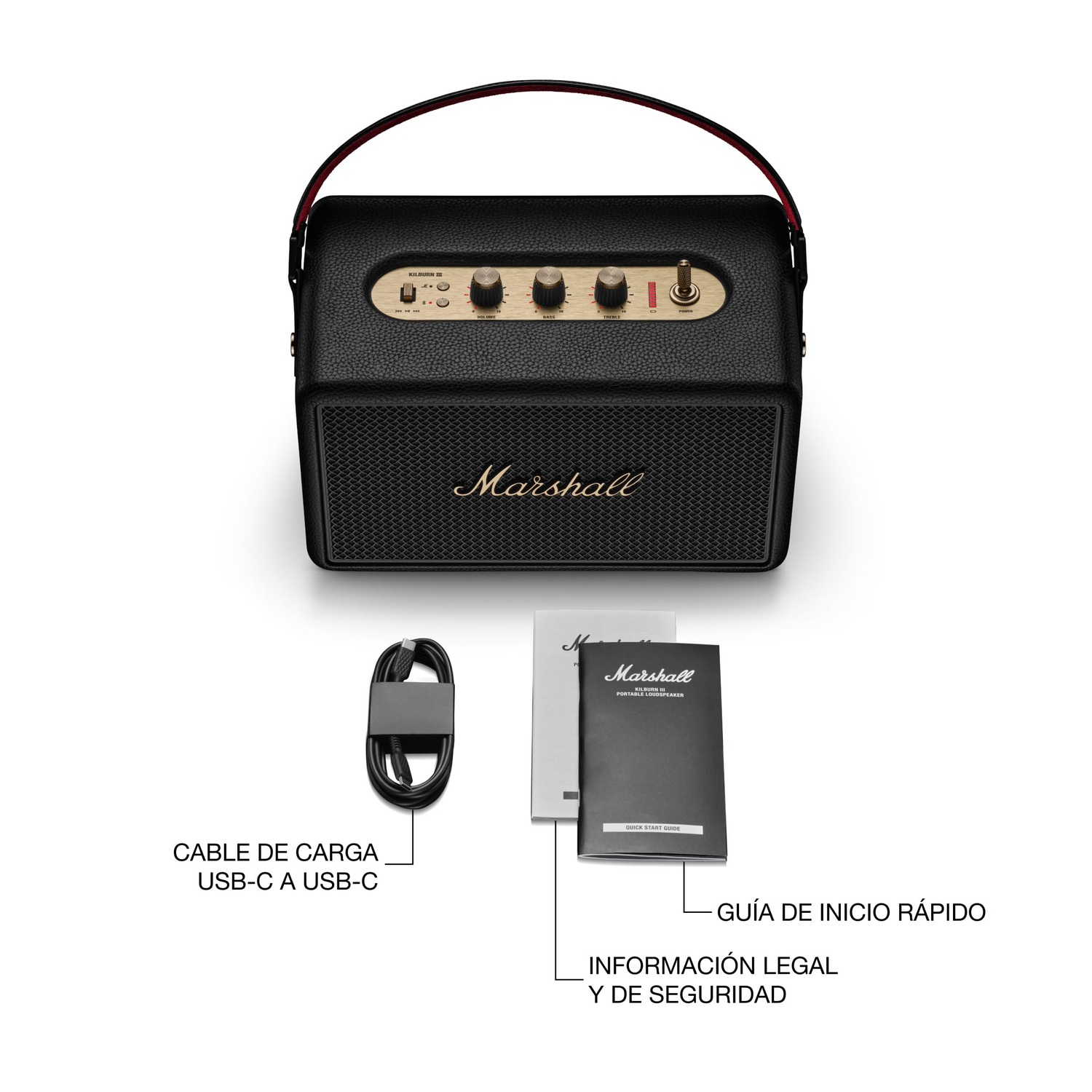 Altavoz negro Marshall Kilburn III con perillas doradas, asa roja, cable USB-C y guía rápida sobre fondo blanco.