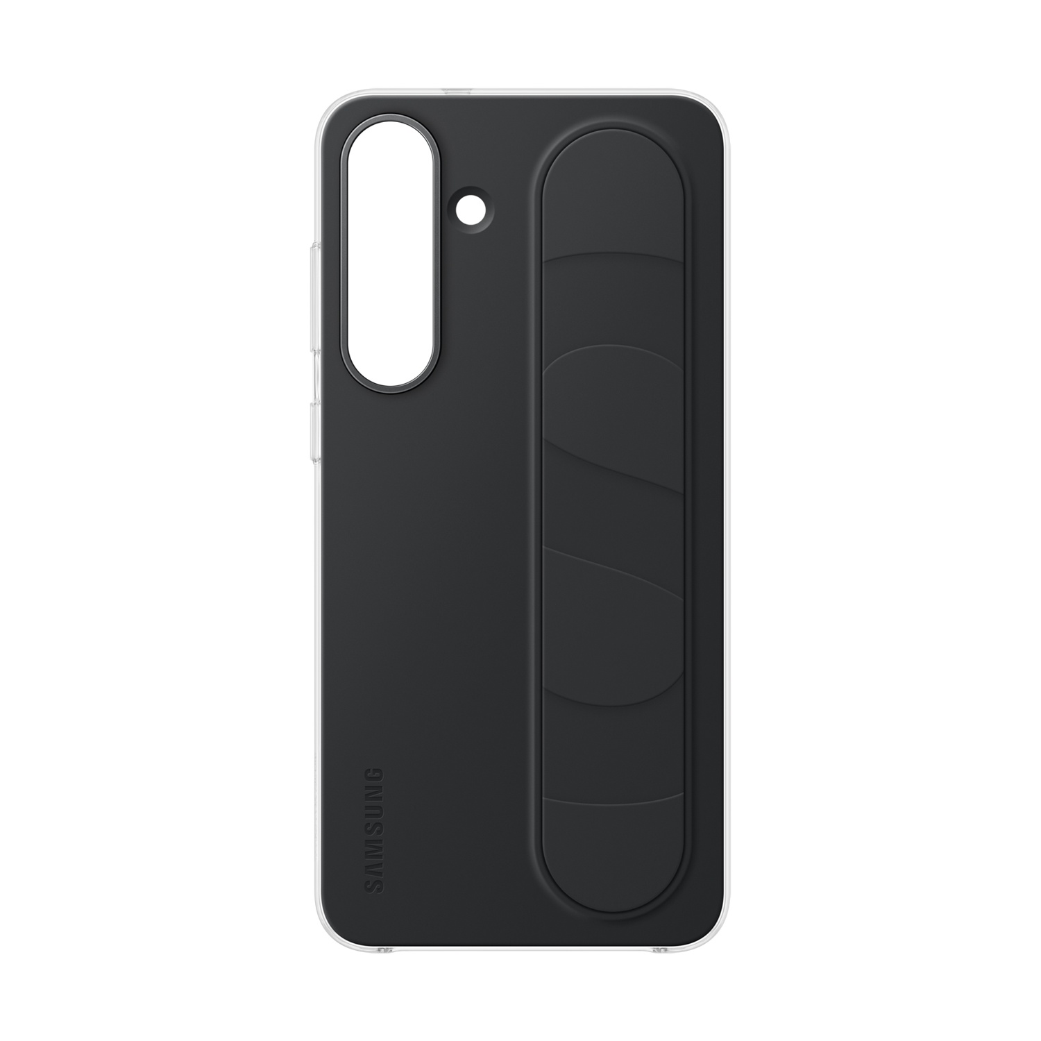 Una custodia nera per telefono con cornice trasparente. Ha un ritaglio per la fotocamera, un'impugnatura laterale e il logo Samsung.