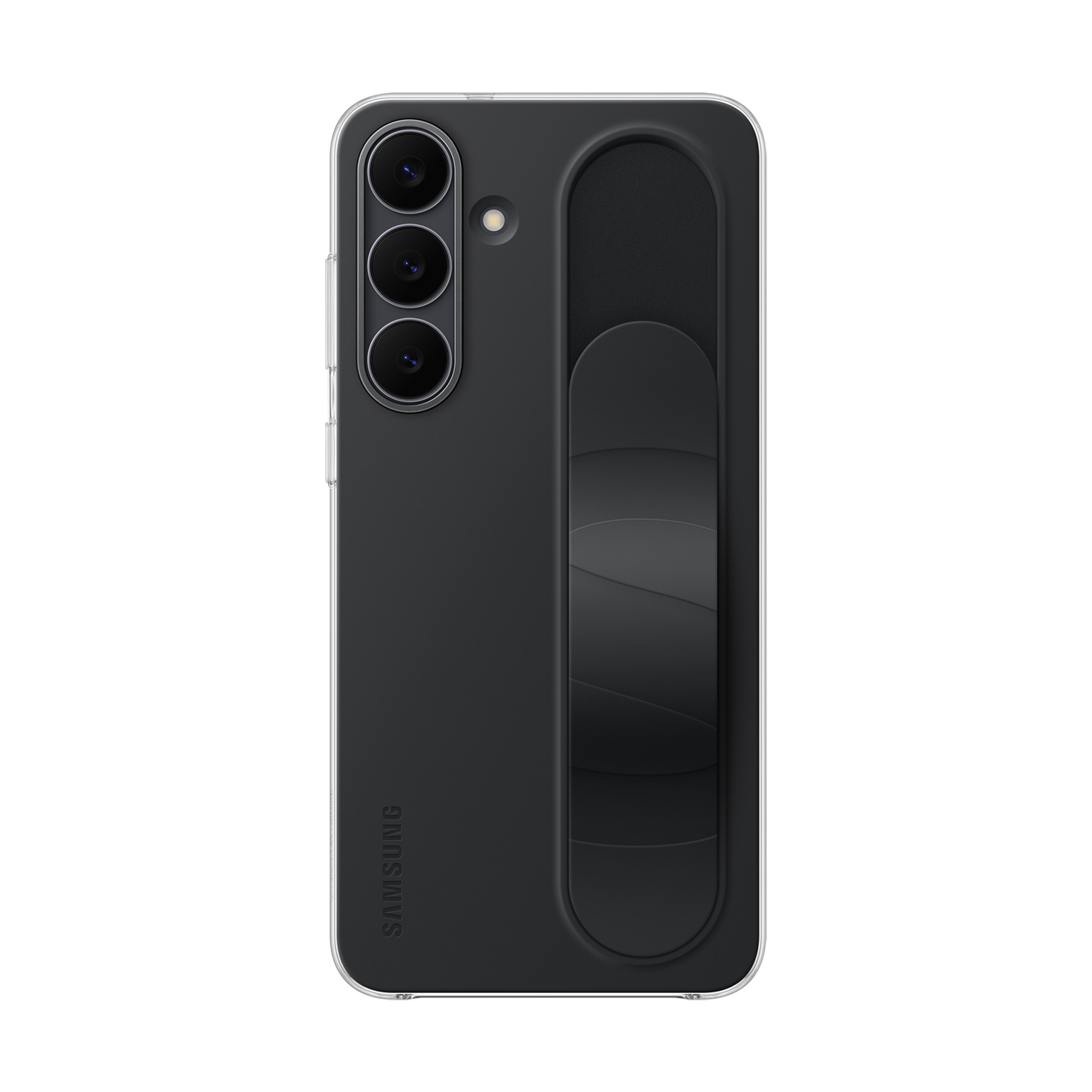 Custodia nera per telefono Samsung con bordo trasparente e impugnatura integrata. Presenta lenti della fotocamera e logo Samsung.