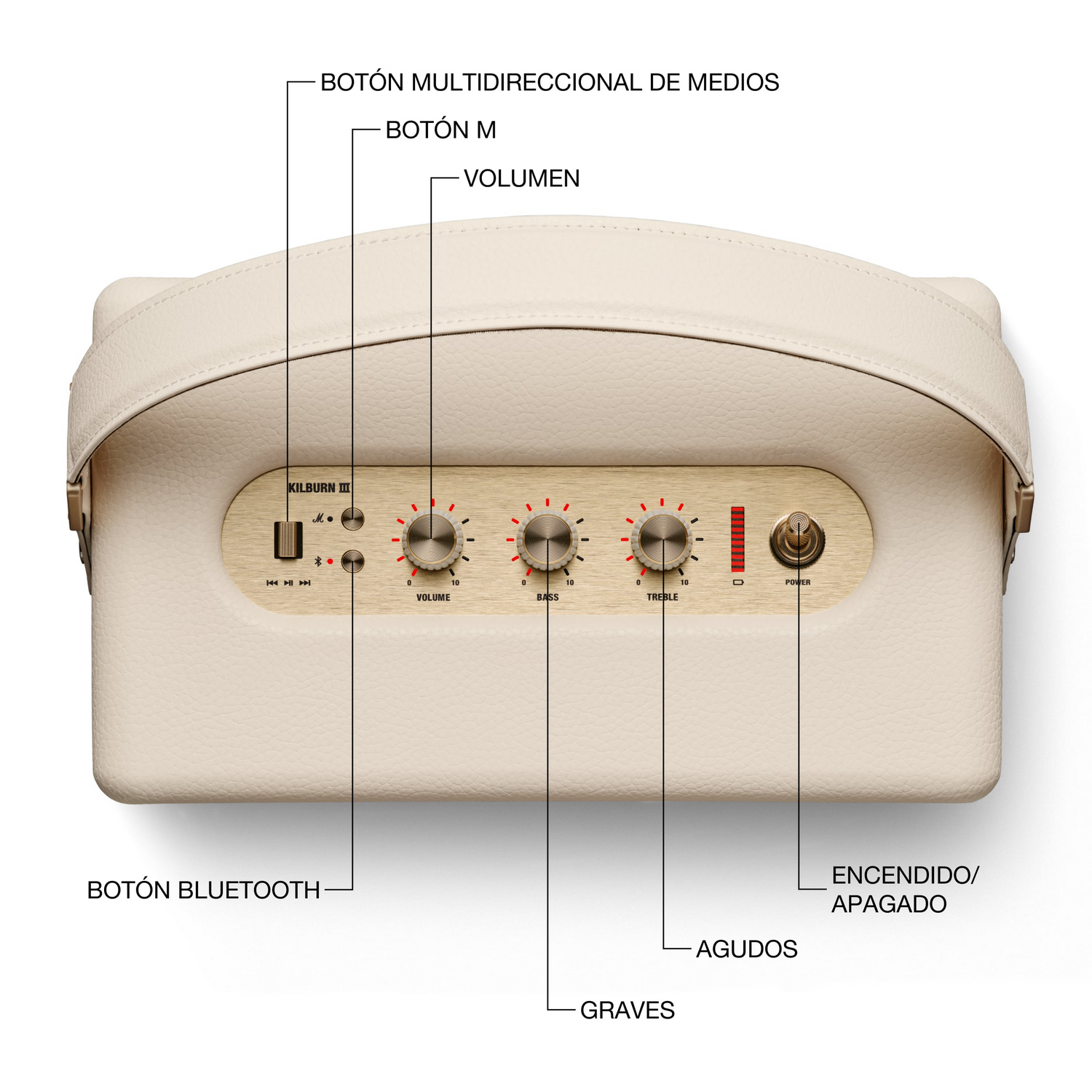 Un altavoz crema con perillas de volumen, bajos y agudos. Tiene un botón de encendido y un botón Bluetooth. Las etiquetas están en español.