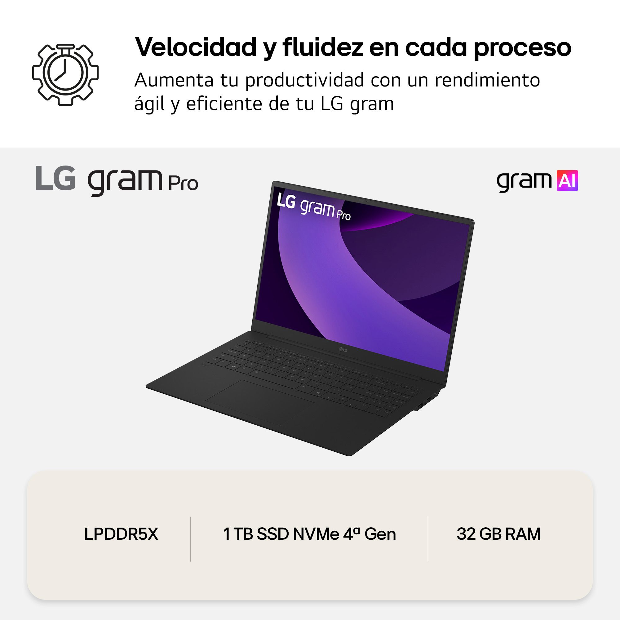 Velocidad y fluidez en cada proceso Aumenta tu productividad con un rendimiento ágil y eficiente de tu LG gram. LG gram Pro negro, LPDDR5X, 1TB, 32GB