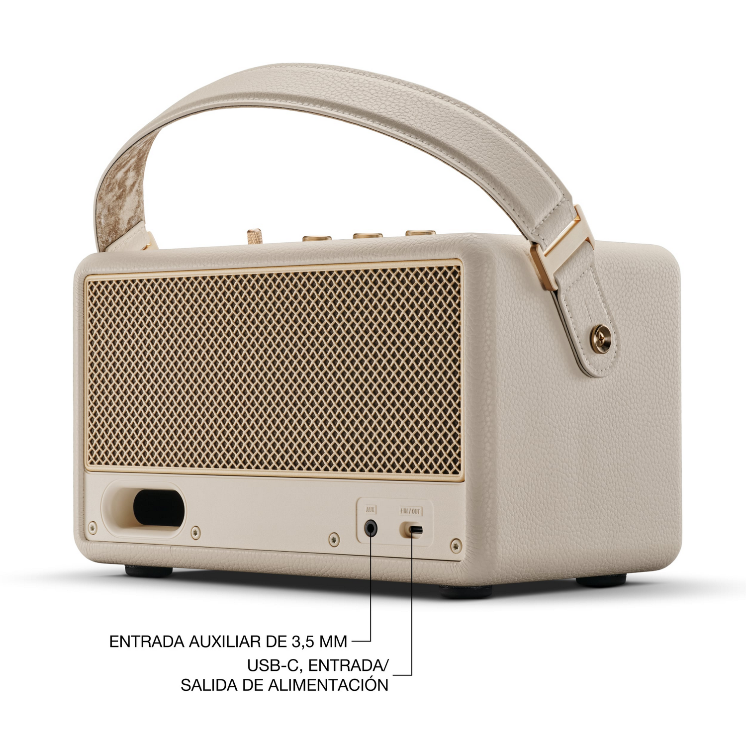 Altavoz portátil crema con asa, detalles dorados y frontal de malla. Etiquetas indican AUX, USB-C y entrada/salida de alimentación.