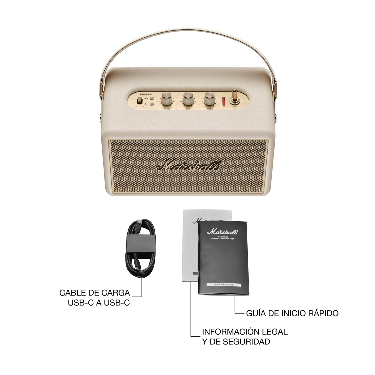 Un altavoz Marshall beige con asa, un cable USB-C negro y manuales sobre fondo blanco. El altavoz tiene controles dorados.