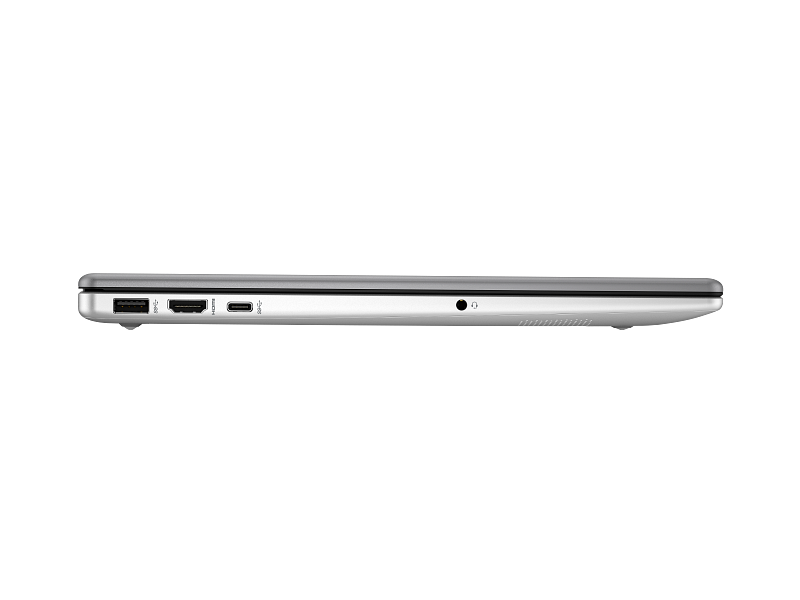 Egy ezüst laptop oldalsó nézete. Látható portok: USB, HDMI és USB-C. A háttér egyszínű fekete.