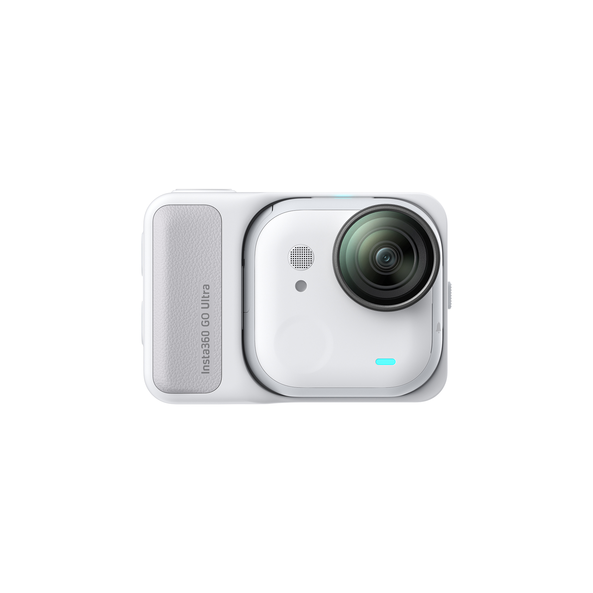 Eine weiße Insta360 Go Ultra Kamera. Sie hat ein Objektiv, ein Licht und einen strukturierten grauen Griff. Die Kamera ist vor weißem Hintergrund.