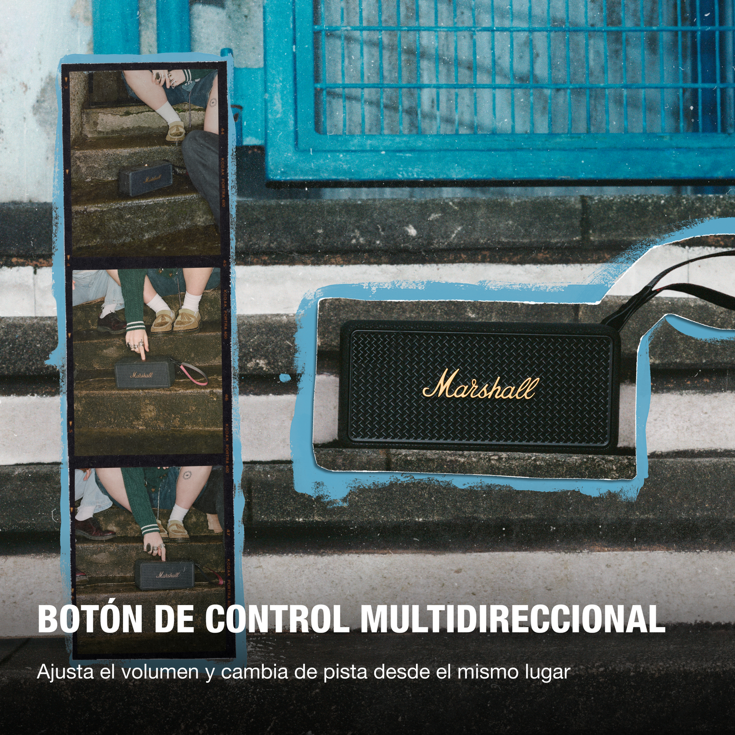Altavoz Marshall negro en escalones, con gente alrededor. Valla azul al fondo. Texto: 'BOTÓN DE CONTROL MULTIDIRECCIONAL'.