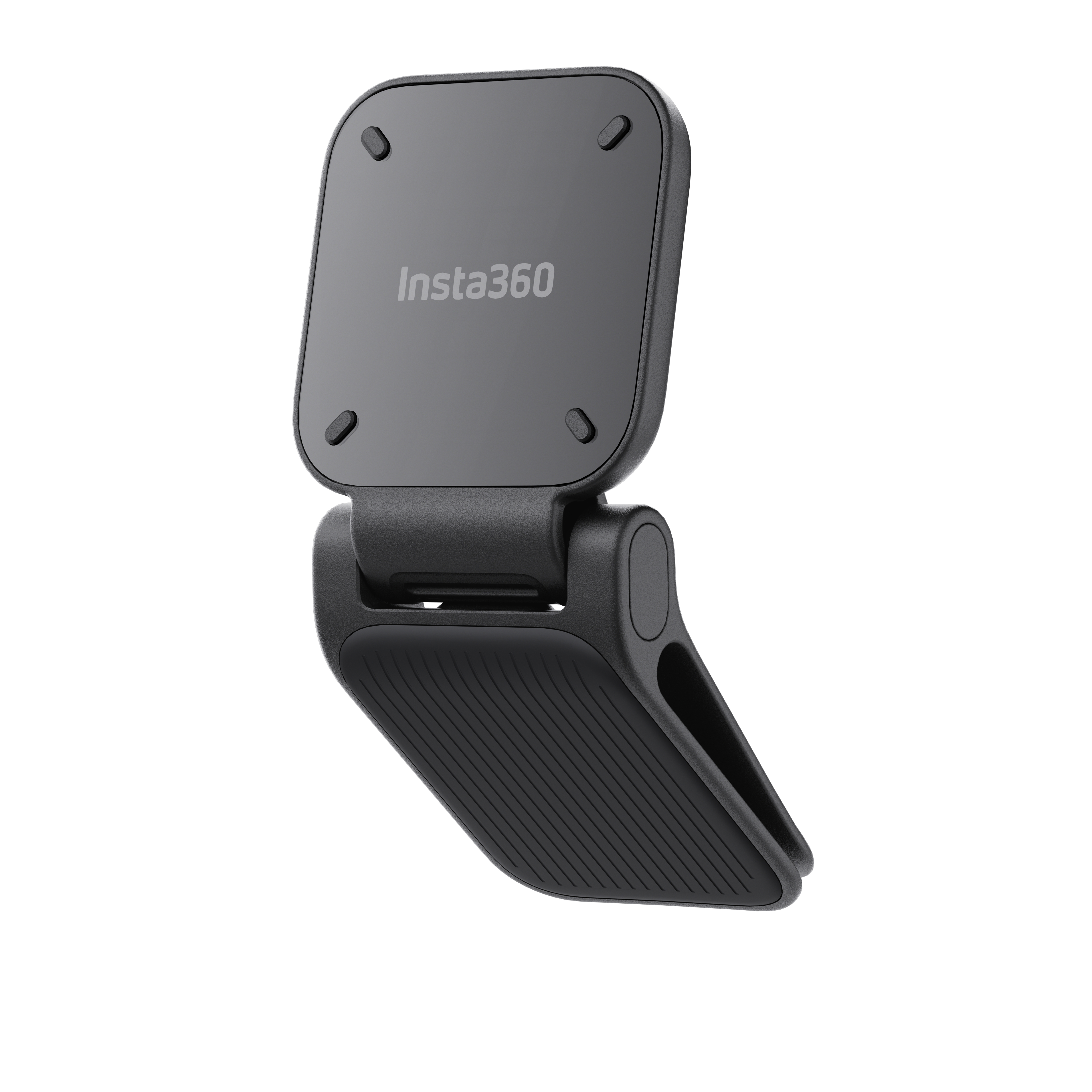Eine schwarze Insta360-Telefonhalterung auf weißem Hintergrund. Sie hat eine quadratische Oberseite mit Logo und einen abgewinkelten unteren Abschnitt.