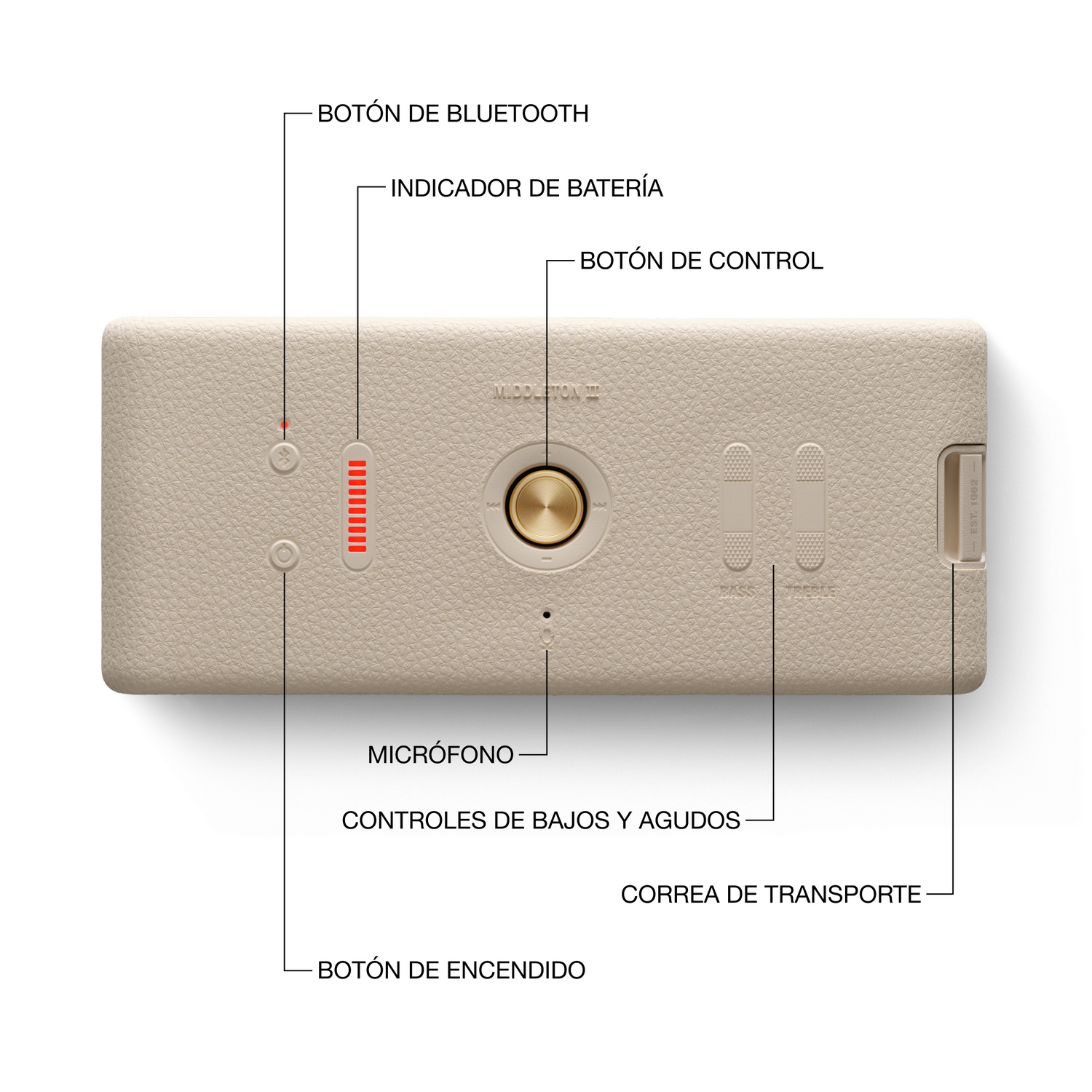 Altavoz beige con controles etiquetados en español. Incluye Bluetooth, indicador de batería, botón de control, micrófono y controles de tono.