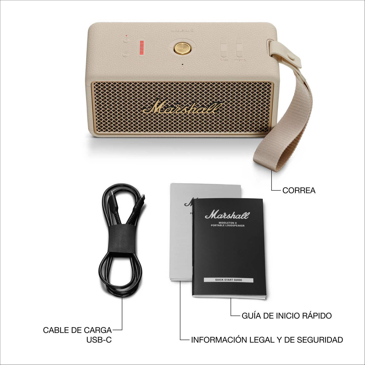 Un altavoz portátil Marshall beige con correa, cable de carga y manuales, etiquetado con texto en español.