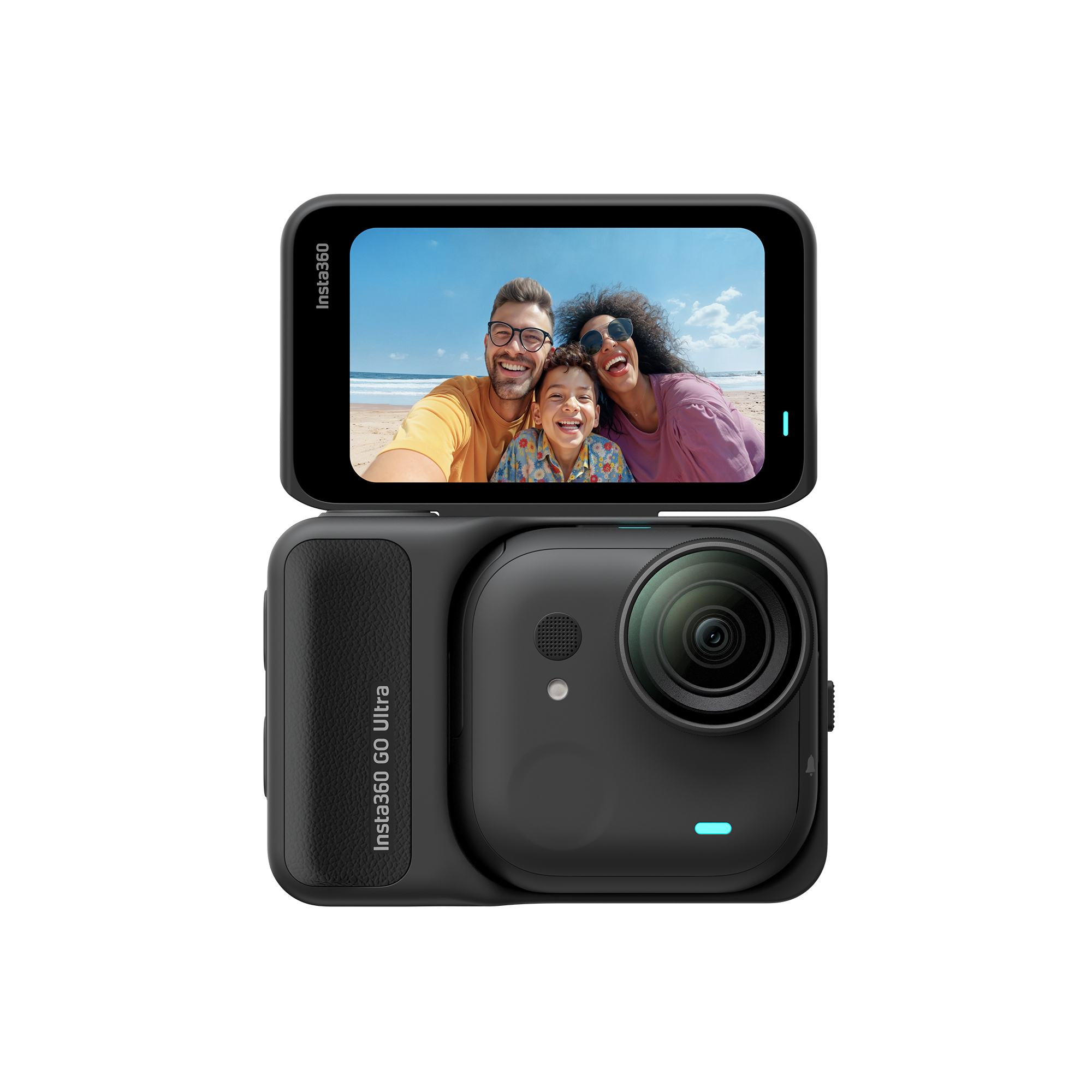 Schwarze Insta360 Go Ultra Kamera mit Bildschirm, der eine Familie am Strand zeigt. Kamera hat ein Objektiv und einen Bildschirm.