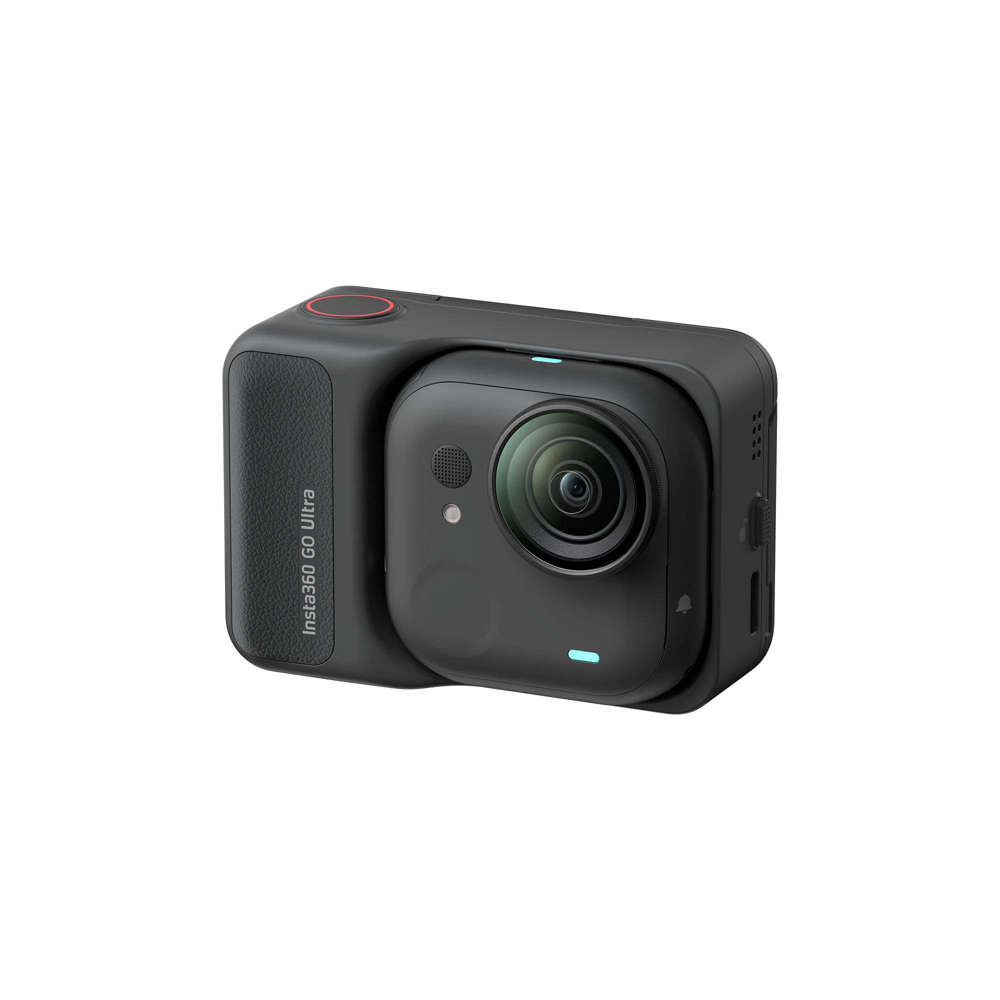 Eine schwarze Insta360 Go Ultra Kamera. Sie hat ein Objektiv, Knöpfe und Anzeigen. Der Hintergrund ist weiß.