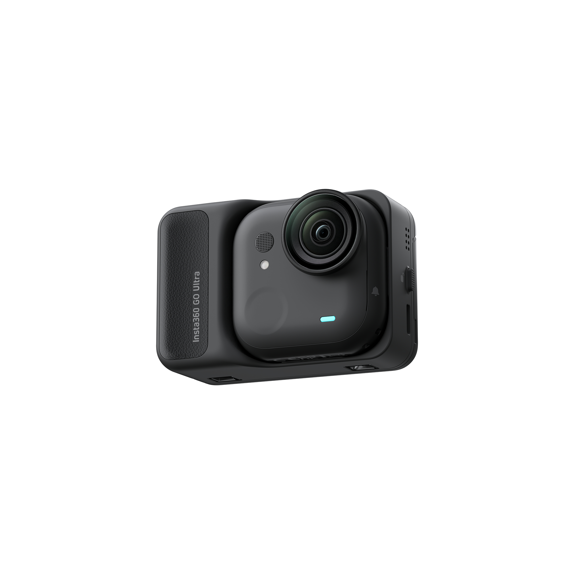 Schwarze Insta360 Go Ultra Kamera auf weißem Hintergrund. Es hat ein Objektiv, ein Licht und die Aufschrift Insta360 Go Ultra.