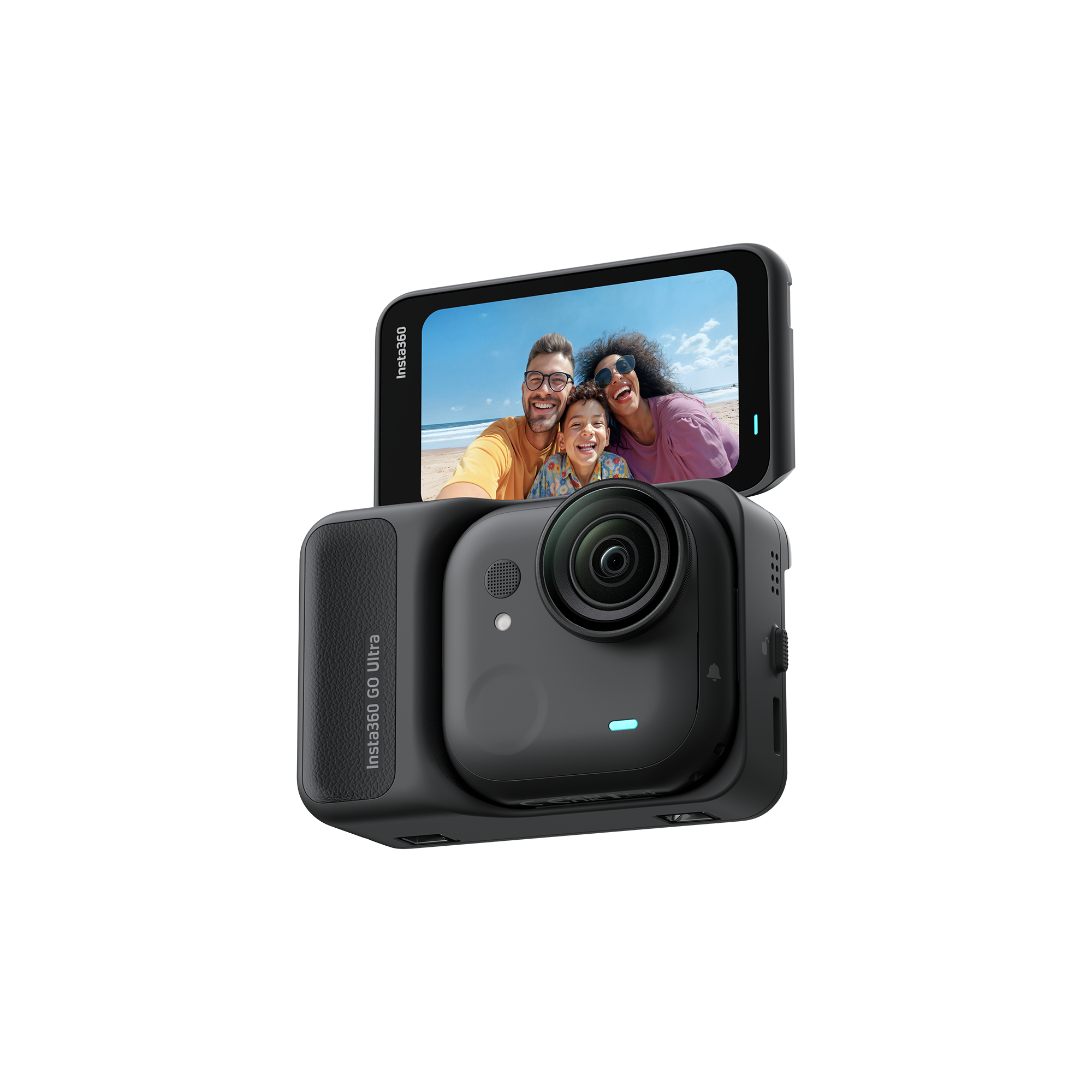 Schwarze Insta360-Kamera mit Familienfoto. Der Bildschirm zeigt eine lächelnde Familie am Strand. Die Kamera ist schwarz.