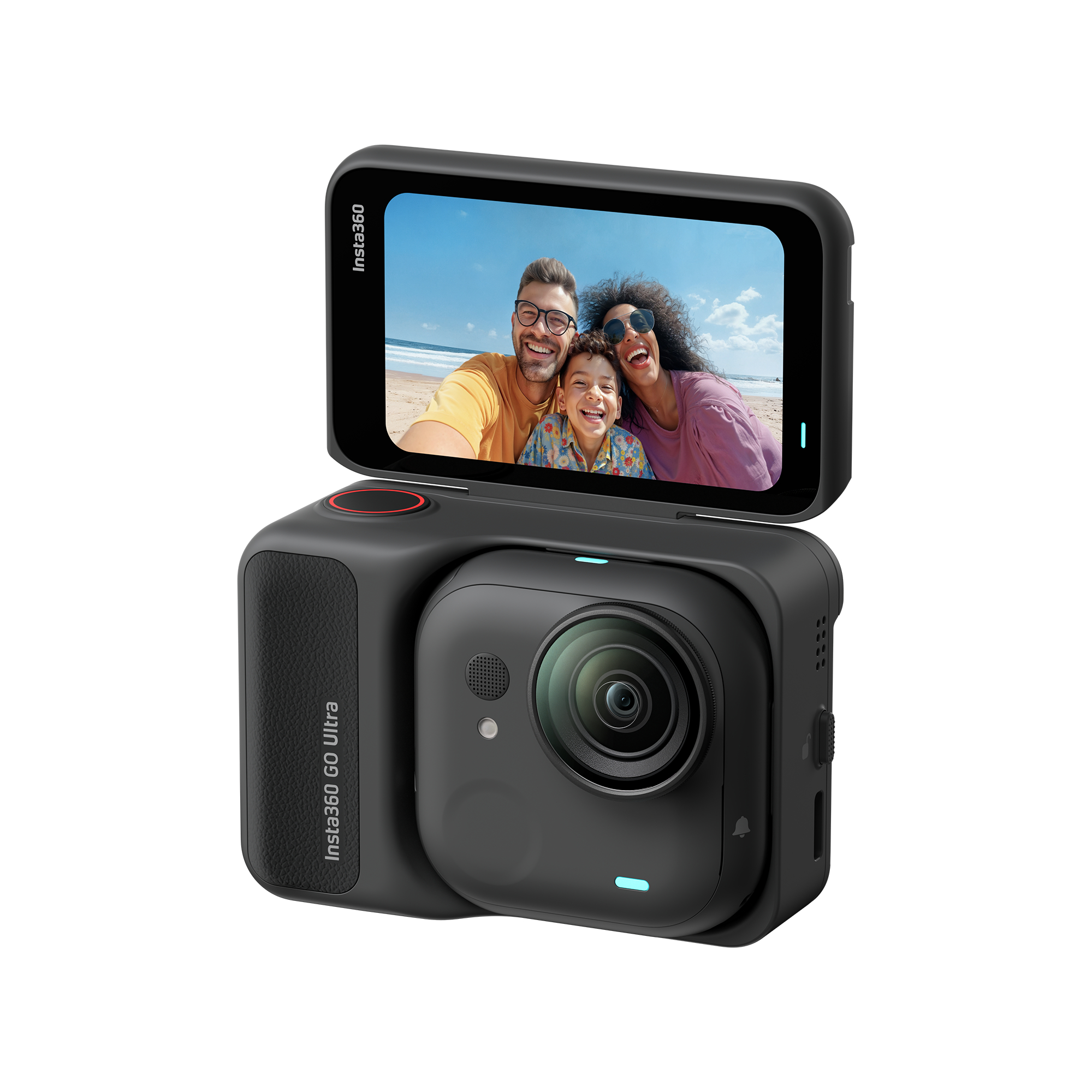 Schwarze Insta360 Go Ultra Kamera. Der Bildschirm zeigt eine Familie am Strand. Die Kamera hat ein Objektiv und das Insta360-Logo.
