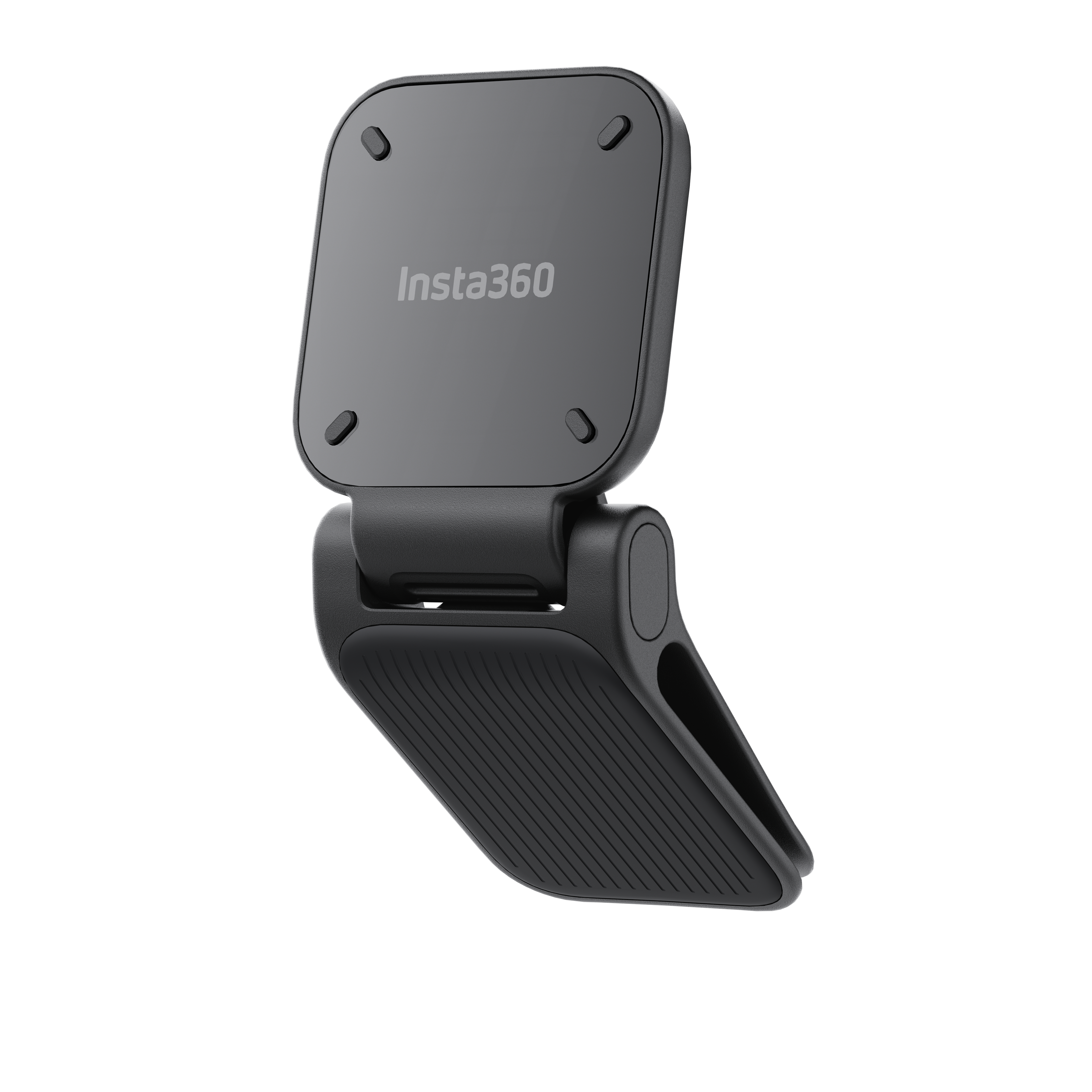 Schwarze Insta360-Kamerahalterung auf weißem Hintergrund. Sie hat einen quadratischen Kopf und einen klappbaren Sockel.