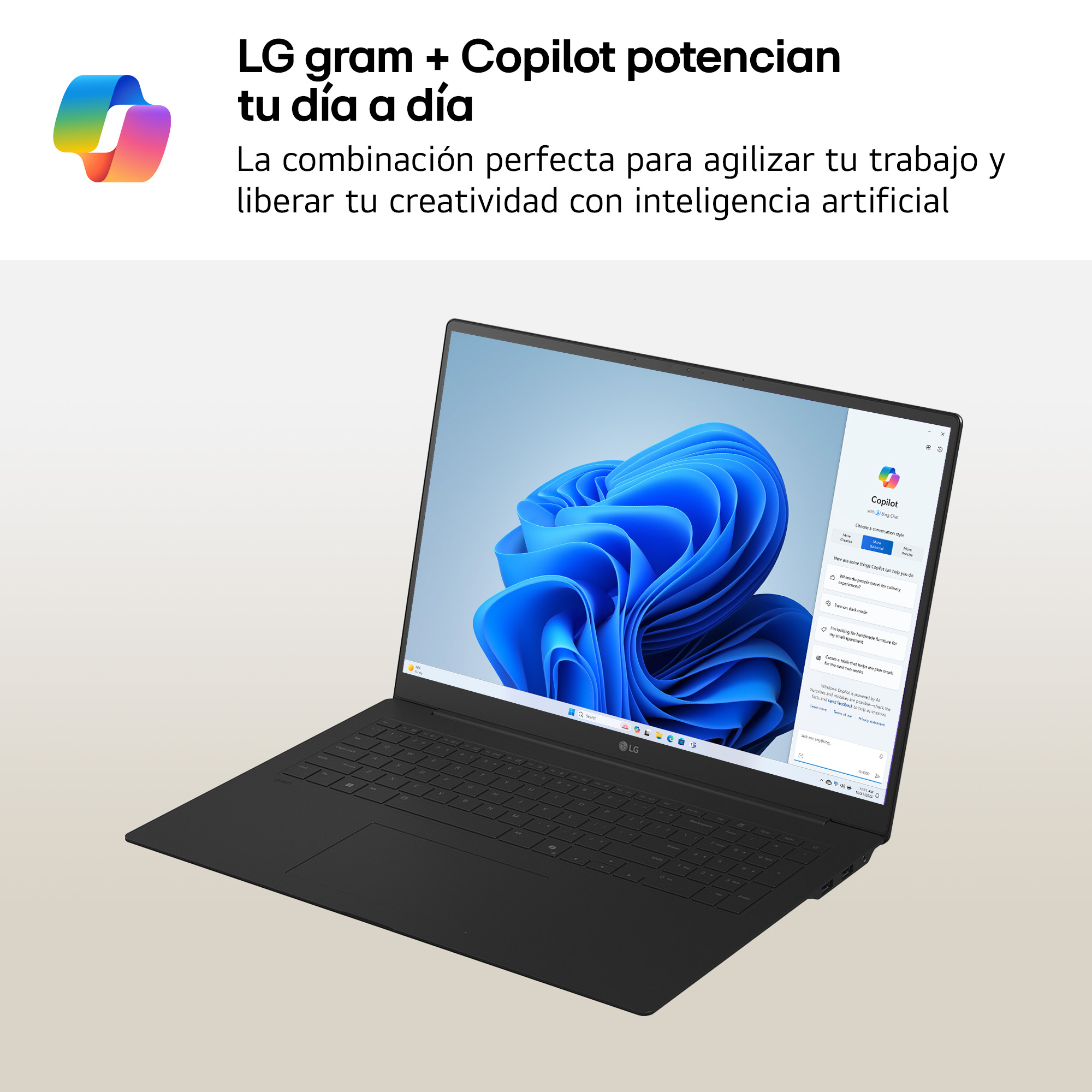 Laptop LG Gram negro abierto, interfaz Copilot en pantalla, logo colorido en esquina. Texto: LG gram + Copilot.