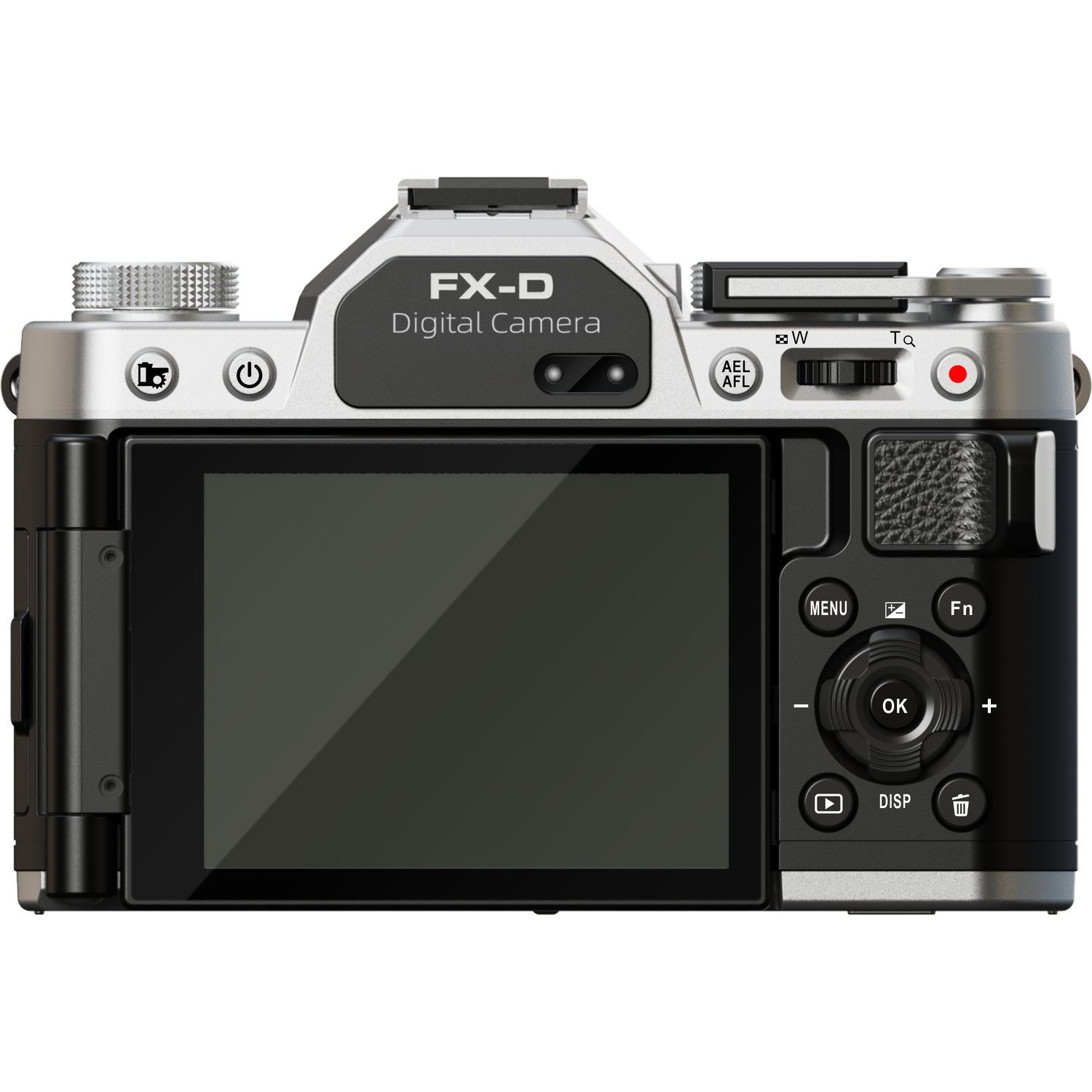 Rear view of a silver and black digital camera labeled FX-D Digital Camera. It has a screen, buttons, and dials visible.