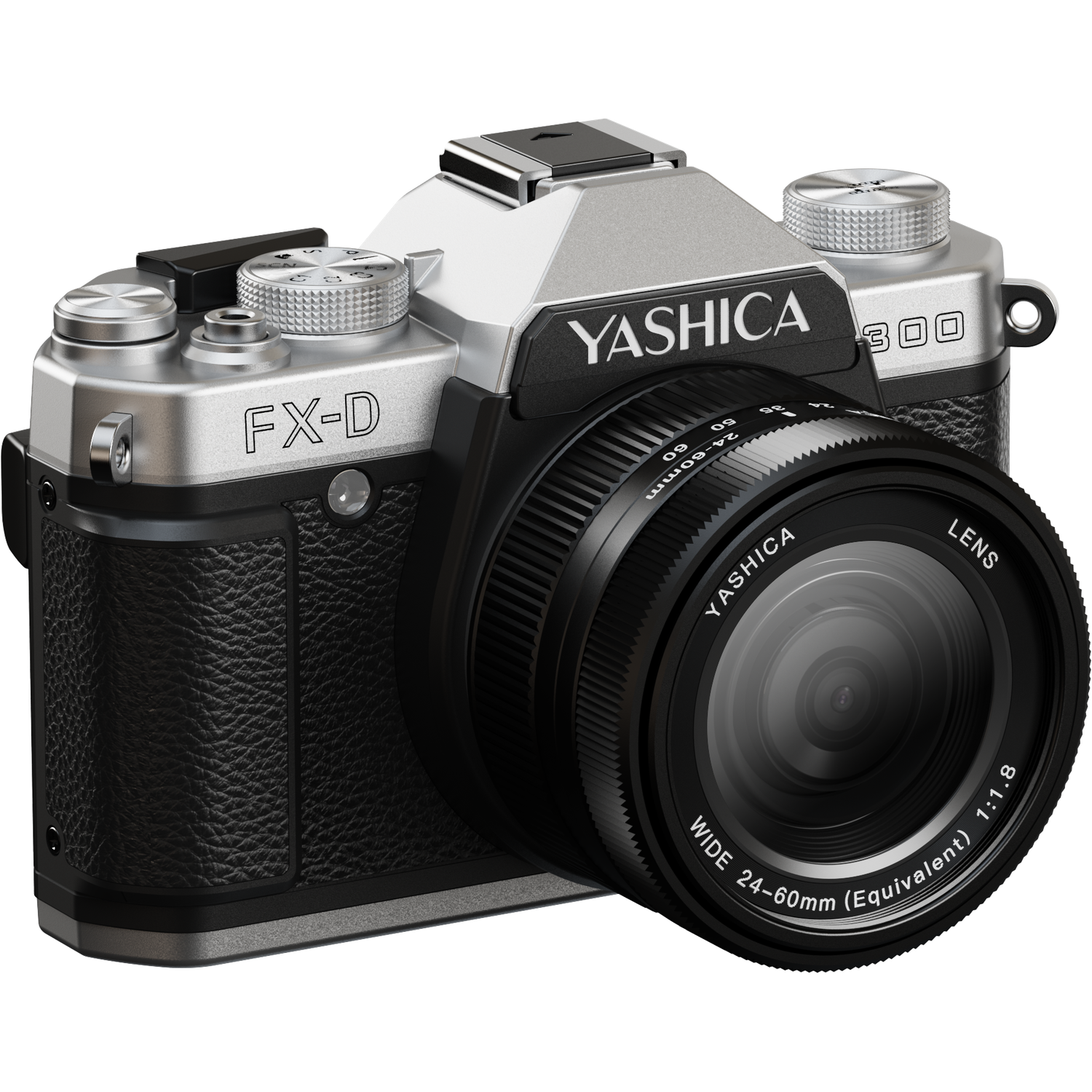 A silver and black Yashica FX-D 300 camera with a 24-60mm lens is set against a black background, angled slightly.