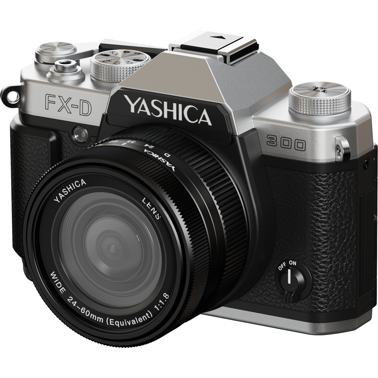 A Yashica FX-D 300 camera. It is silver and black, with a lens and various dials. The lens says 'WIDE 24-60mm'.