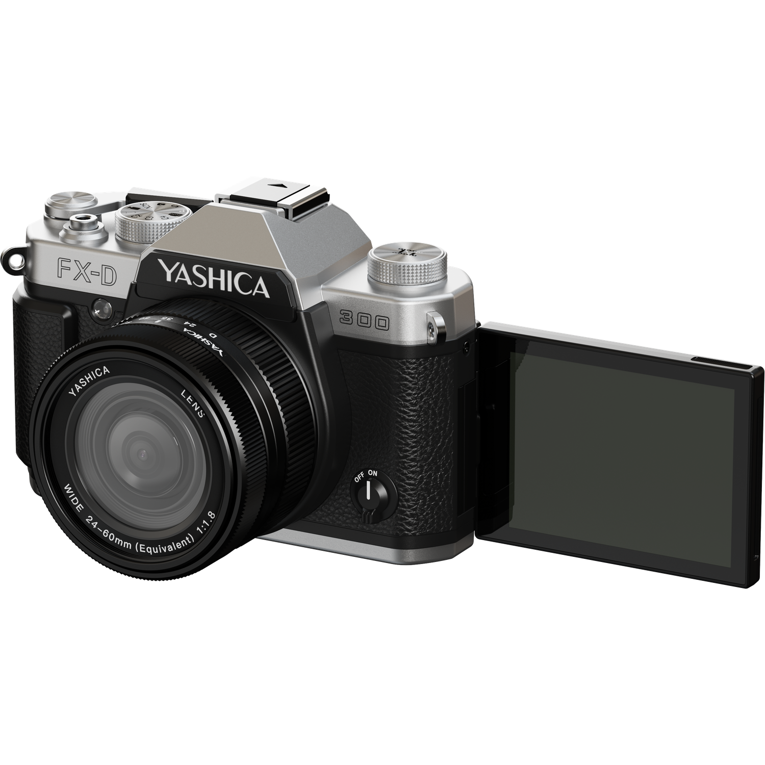 A Yashica FX-D 300 camera with a lens, open screen, and 'OFF/ON' switch. Silver and black body, a black lens, and a black background.