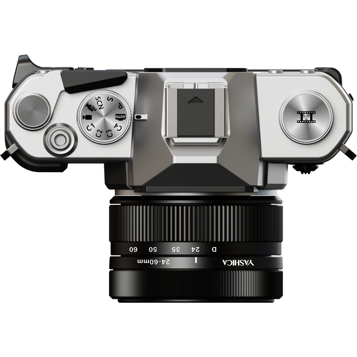 Top view of a Yashica digital camera. Silver body with black lens. Controls include mode dial, shutter button, and lens settings.